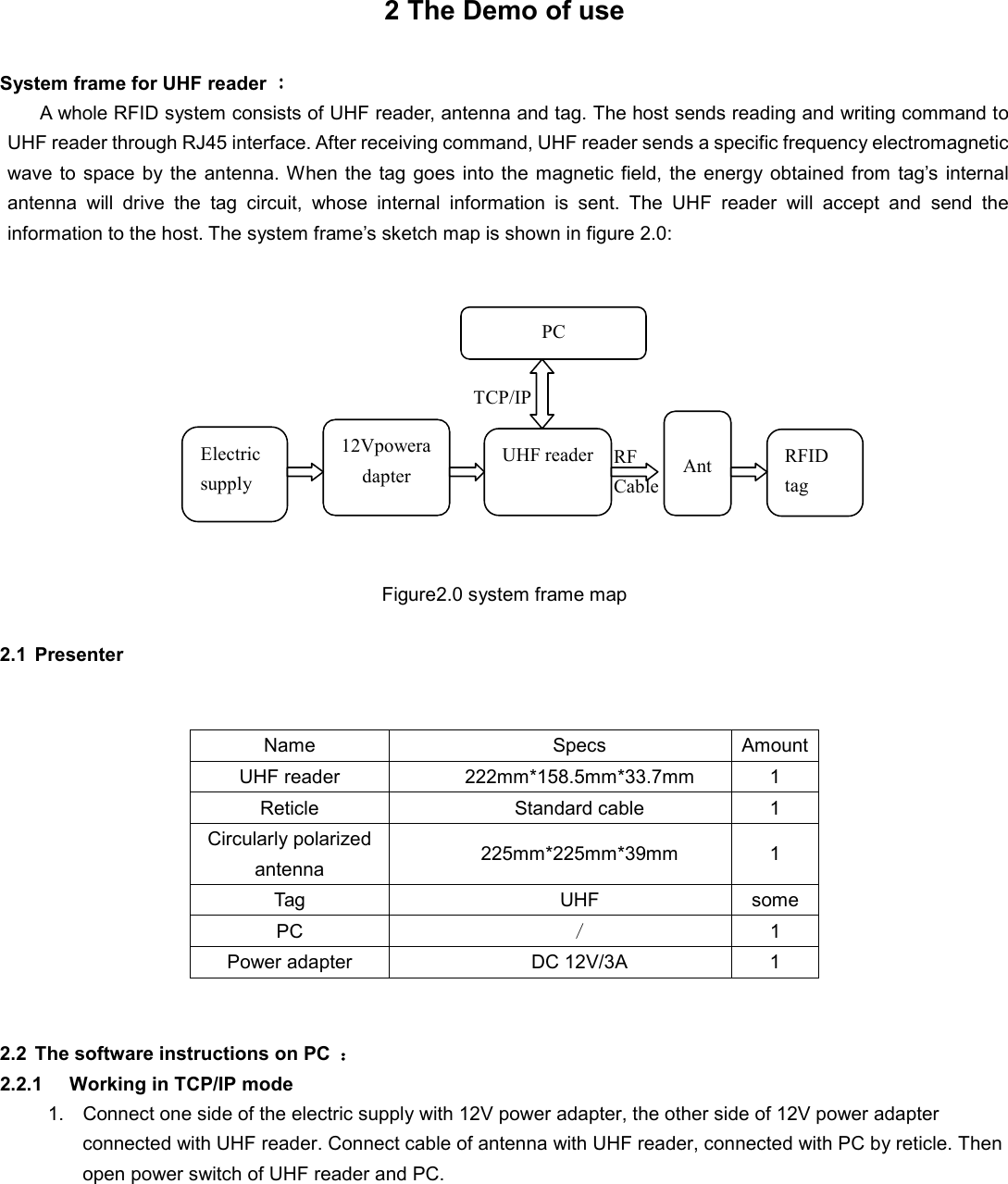  2 The Demo of use System frame for UHF reader ：：：： A whole RFID system consists of UHF reader, antenna and tag. The host sends reading and writing command to UHF reader through RJ45 interface. After receiving command, UHF reader sends a specific frequency electromagnetic wave to  space  by the antenna. When the tag goes  into the magnetic  field, the  energy obtained  from  tag’s internal antenna  will  drive  the  tag  circuit,  whose  internal  information  is  sent.  The  UHF  reader  will  accept  and  send  the information to the host. The system frame’s sketch map is shown in figure 2.0:            Figure2.0 system frame map  2.1  Presenter   Name    Specs    Amount  UHF reader  222mm*158.5mm*33.7mm  1 Reticle    Standard cable  1 Circularly polarized antenna  225mm*225mm*39mm  1 Tag    UHF    some PC    ／  1 Power adapter    DC 12V/3A  1   2.2  The software instructions on PC  ：：：： 2.2.1  Working in TCP/IP mode 1.  Connect one side of the electric supply with 12V power adapter, the other side of 12V power adapter connected with UHF reader. Connect cable of antenna with UHF reader, connected with PC by reticle. Then open power switch of UHF reader and PC.          Electric supply   12Vpoweradapter UHF reader  Ant RFID tag PC TCP/IP RF Cable 