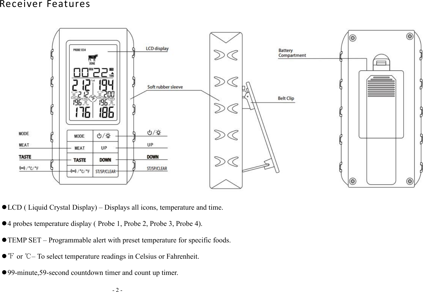 - 2 -Receiver FeaturesLCD ( Liquid Crystal Display) &ndash; Displays all icons, temperature and time.4 probes temperature display ( Probe 1, Probe 2, Probe 3, Probe 4).TEMP SET &ndash; Programmable alert with preset temperature for specific foods.℉or ℃&ndash; To select temperature readings in Celsius or Fahrenheit.99-minute,59-second countdown timer and count up timer.