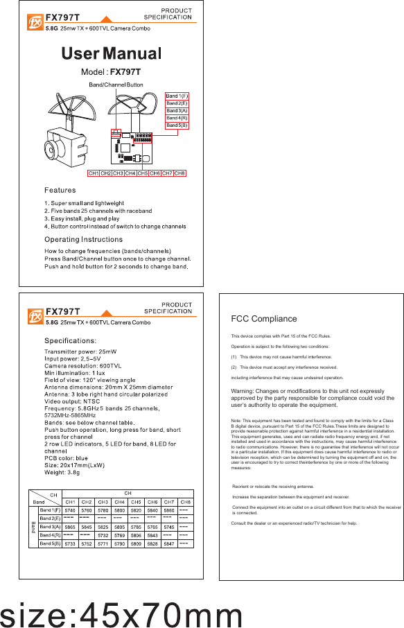 FCC ComplianceThis device complies with Part 15 of the FCC Rules. Operation is subject to the following two conditions:(1)   This device may not cause harmful interference.(2)   This device must accept any interference received. including interference that may cause undesired operation.Warning: Changes or modifications to this unit not expressly approved by the party responsible for compliance could void the user’s authority to operate the equipment.Note: This equipment has been tested and found to comply with the limits for a Class B digital device, pursuant to Part 15 of the FCC Rules.These limits are designed to provide reasonable protection against harmful interference in a residential installation. This equipment generates, uses and can radiate radio frequency energy and, if notinstalled and used in accordance with the instructions, may cause harmful interferenceto radio communications. However, there is no guarantee that interference will not occur in a particular installation. If this equipment does cause harmful interference to radio or television reception, which can be determined by turning the equipment off and on, the user is encouraged to try to correct theinterference by one or more of the following measures: Reorient or relocate the receiving antenna. Increase the separation between the equipment and receiver. Connect the equipment into an outlet on a circuit different from that to which the receiver  is connected.Consult the dealer or an experienced radio/TV technician for help.--- --------------------------------------- ---252555732MHz-5865MHz