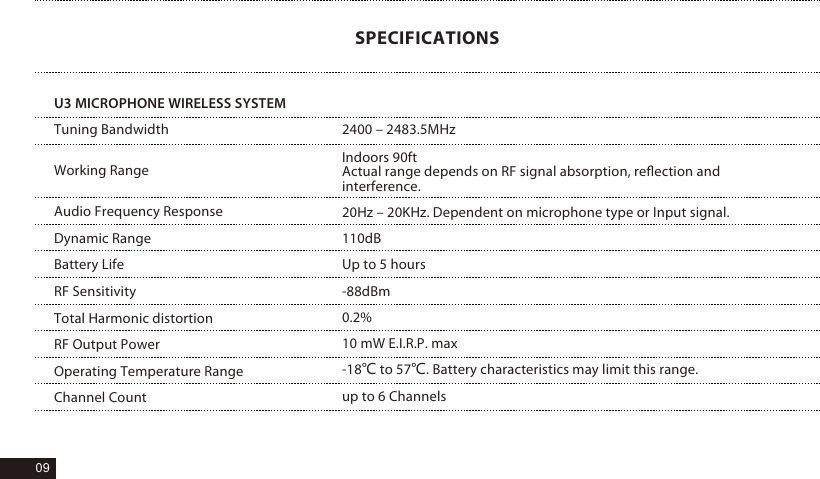 Tuning BandwidthWorking RangeAudio Frequency ResponseDynamic RangeBattery LifeRF SensitivityTotal Harmonic distortionRF Output PowerOperating Temperature RangeChannel Count2400 &ndash; 2483.5MHzIndoors 90ftActual range depends on RF signal absorption, reﬂection and interference.20Hz &ndash; 20KHz. Dependent on microphone type or Input signal.110dB Up to 5 hours-88dBm0.2%10 mW E.I.R.P. max-18℃ to 57℃. Battery characteristics may limit this range.up to 6 Channels09SPECIFICATIONSU3 MICROPHONE WIRELESS SYSTEM