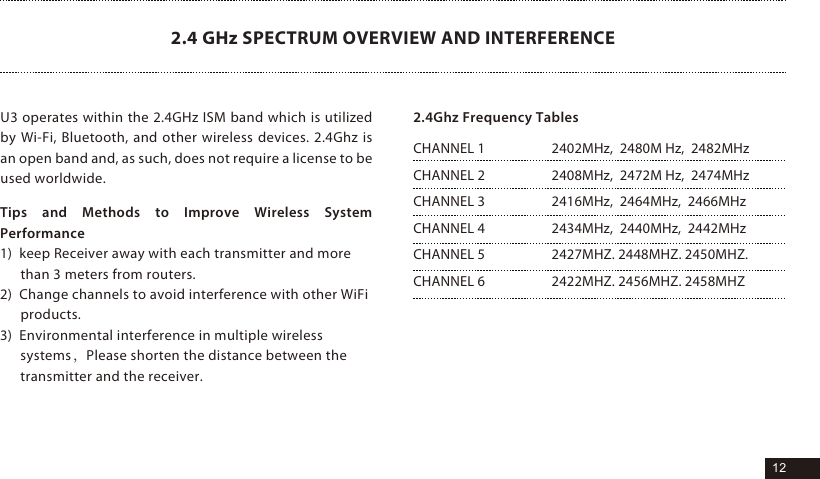 12Tips and Methods to Improve Wireless System Performance1)  keep Receiver away with each transmitter and more than 3 meters from routers.2)  Change channels to avoid interference with other WiFi products.3)  Environmental interference in multiple wireless systems，Please shorten the distance between the transmitter and the receiver.2.4 GHz SPECTRUM OVERVIEW AND INTERFERENCE2402MHz,  2480M Hz,  2482MHz2408MHz,  2472M Hz,  2474MHz2416MHz,  2464MHz,  2466MHz2434MHz,  2440MHz,  2442MHz2427MHZ. 2448MHZ. 2450MHZ.2422MHZ. 2456MHZ. 2458MHZCHANNEL 1CHANNEL 2CHANNEL 3CHANNEL 4CHANNEL 5CHANNEL 62.4Ghz Frequency TablesU3 operates within the 2.4GHz ISM band which is utilized by Wi-Fi, Bluetooth, and other wireless devices. 2.4Ghz is an open band and, as such, does not require a license to be used worldwide.