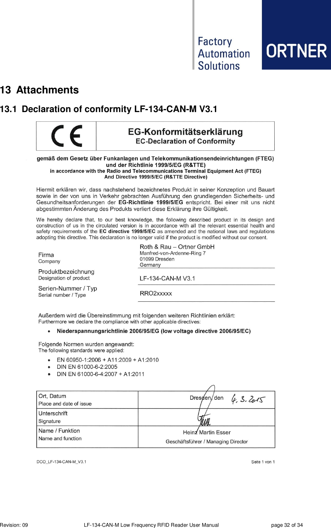  Revision: 09 LF-134-CAN-M Low Frequency RFID Reader User Manual  page 32 of 34 13  Attachments 13.1  Declaration of conformity LF-134-CAN-M V3.1     