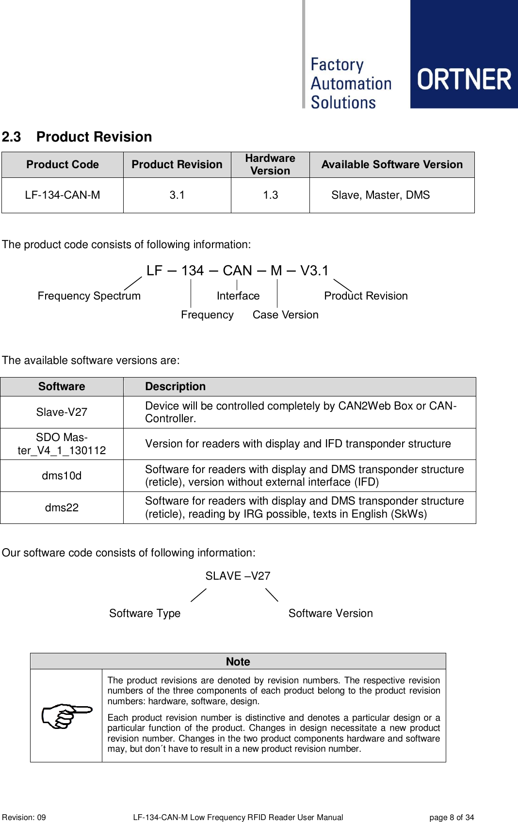  Revision: 09 LF-134-CAN-M Low Frequency RFID Reader User Manual  page 8 of 34 2.3  Product Revision  Product Code Product Revision Hardware Version Available Software Version LF-134-CAN-M 3.1 1.3 Slave, Master, DMS  The product code consists of following information: LF – 134 – CAN – M – V3.1 Frequency Spectrum         Interface    Product Revision Frequency Case Version  The available software versions are: Software Description Slave-V27 Device will be controlled completely by CAN2Web Box or CAN-Controller. SDO Mas-ter_V4_1_130112 Version for readers with display and IFD transponder structure dms10d Software for readers with display and DMS transponder structure (reticle), version without external interface (IFD) dms22 Software for readers with display and DMS transponder structure (reticle), reading by IRG possible, texts in English (SkWs)  Our software code consists of following information: SLAVE –V27        Software Type      Software Version  Note  The product revisions are denoted by revision numbers. The respective revision numbers of the three components of each product belong to the product revision numbers: hardware, software, design. Each product revision number is distinctive and denotes a particular design or a particular function of the product. Changes in design necessitate a new product revision number. Changes in the two product components hardware and software may, but don´t have to result in a new product revision number. 