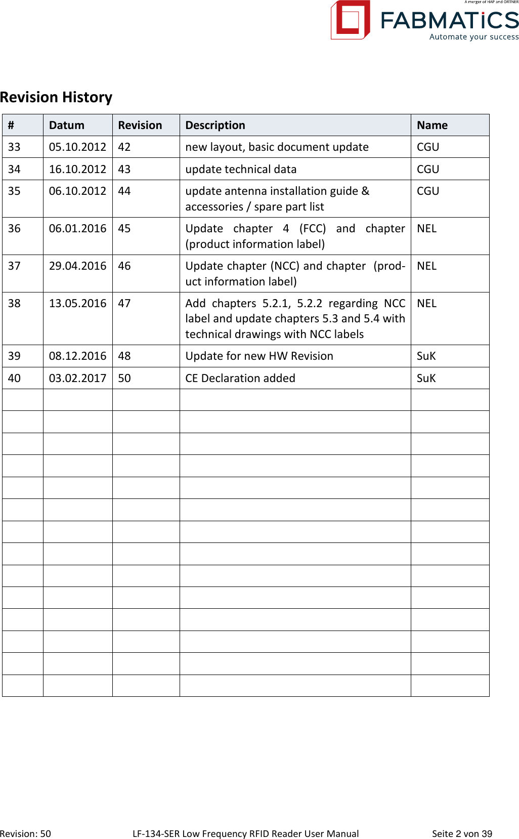  Revision: 50 LF-134-SER Low Frequency RFID Reader User Manual  Seite 2 von 39 Revision History # Datum Revision Description Name 33 05.10.2012 42 new layout, basic document update CGU 34 16.10.2012 43 update technical data CGU 35 06.10.2012 44 update antenna installation guide &amp; accessories / spare part list CGU 36 06.01.2016 45 Update  chapter  4  (FCC)  and  chapter  (product information label)  NEL 37 29.04.2016 46 Update chapter (NCC) and chapter  (prod-uct information label) NEL 38 13.05.2016 47 Add  chapters  5.2.1,  5.2.2  regarding  NCC label and update chapters 5.3 and 5.4 with technical drawings with NCC labels NEL 39 08.12.2016 48 Update for new HW Revision SuK 40 03.02.2017 50 CE Declaration added SuK                                                                           