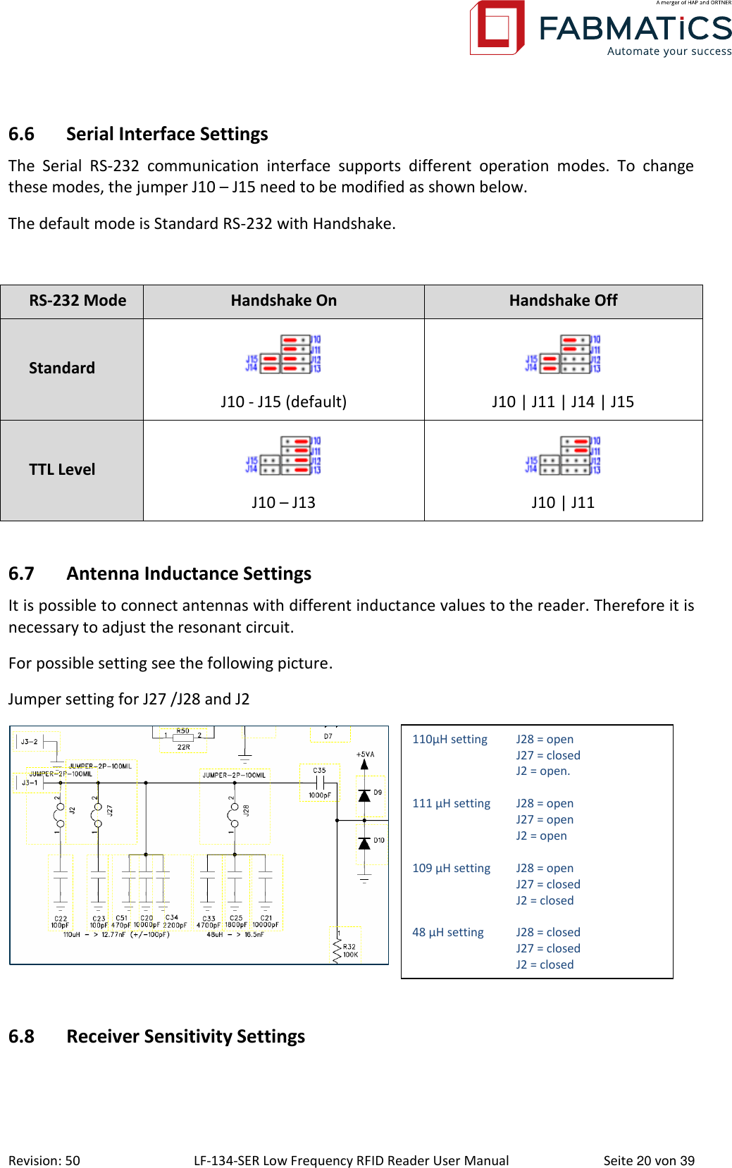  Revision: 50 LF-134-SER Low Frequency RFID Reader User Manual  Seite 20 von 39 6.6 Serial Interface Settings The  Serial  RS-232  communication  interface  supports  different  operation  modes.  To  change these modes, the jumper J10 – J15 need to be modified as shown below. The default mode is Standard RS-232 with Handshake.  RS-232 Mode Handshake On Handshake Off Standard  J10 - J15 (default)  J10 | J11 | J14 | J15 TTL Level  J10 – J13  J10 | J11  6.7 Antenna Inductance Settings It is possible to connect antennas with different inductance values to the reader. Therefore it is necessary to adjust the resonant circuit. For possible setting see the following picture. Jumper setting for J27 /J28 and J2    6.8 Receiver Sensitivity Settings  110µH setting   J28 = open     J27 = closed     J2 = open.  111 µH setting  J28 = open     J27 = open     J2 = open  109 µH setting   J28 = open     J27 = closed     J2 = closed  48 µH setting  J28 = closed     J27 = closed     J2 = closed 