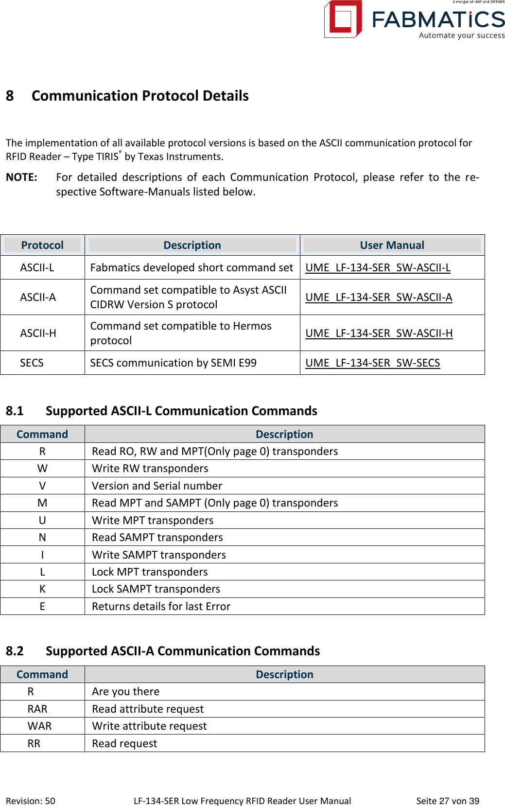  Revision: 50 LF-134-SER Low Frequency RFID Reader User Manual  Seite 27 von 39 8 Communication Protocol Details  The implementation of all available protocol versions is based on the ASCII communication protocol for RFID Reader – Type TIRIS® by Texas Instruments. NOTE:  For  detailed  descriptions  of  each  Communication  Protocol,  please  refer  to  the  re-spective Software-Manuals listed below.  Protocol Description User Manual ASCII-L Fabmatics developed short command set UME_LF-134-SER_SW-ASCII-L ASCII-A Command set compatible to Asyst ASCII CIDRW Version S protocol UME_LF-134-SER_SW-ASCII-A ASCII-H Command set compatible to Hermos protocol UME_LF-134-SER_SW-ASCII-H SECS SECS communication by SEMI E99 UME_LF-134-SER_SW-SECS  8.1 Supported ASCII-L Communication Commands Command Description R Read RO, RW and MPT(Only page 0) transponders W Write RW transponders V Version and Serial number M Read MPT and SAMPT (Only page 0) transponders U Write MPT transponders N Read SAMPT transponders I Write SAMPT transponders L Lock MPT transponders K Lock SAMPT transponders E Returns details for last Error  8.2 Supported ASCII-A Communication Commands Command Description R  Are you there RAR Read attribute request WAR Write attribute request RR Read request 