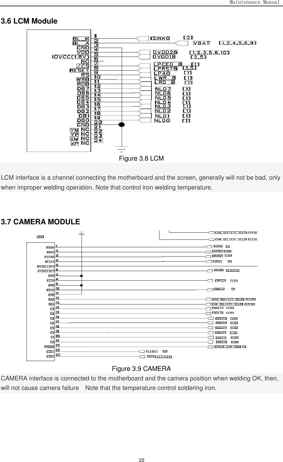                                                                                   Maintenance Manual  10 3.6 LCM Module  Figure 3.8 LCM    LCM interface is a channel connecting the motherboard and the screen, generally will not be bad, only when improper welding operation. Note that control iron welding temperature.  3.7 CAMERA MODULE  Figure 3.9 CAMERA CAMERA interface is connected to the motherboard and the camera position when welding OK, then, will not cause camera failure    Note that the temperature control soldering iron. 