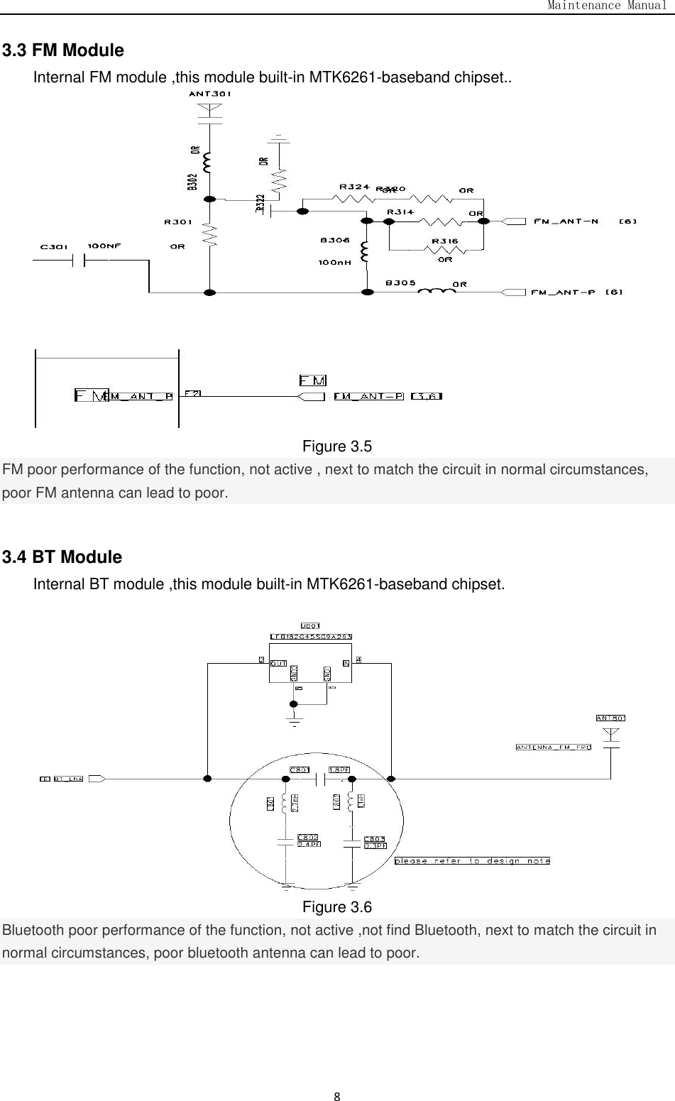                                                                                   Maintenance Manual  8 3.3 FM Module Internal FM module ,this module built-in MTK6261-baseband chipset..     Figure 3.5 FM poor performance of the function, not active , next to match the circuit in normal circumstances, poor FM antenna can lead to poor.  3.4 BT Module Internal BT module ,this module built-in MTK6261-baseband chipset.   Figure 3.6 Bluetooth poor performance of the function, not active ,not find Bluetooth, next to match the circuit in normal circumstances, poor bluetooth antenna can lead to poor.   