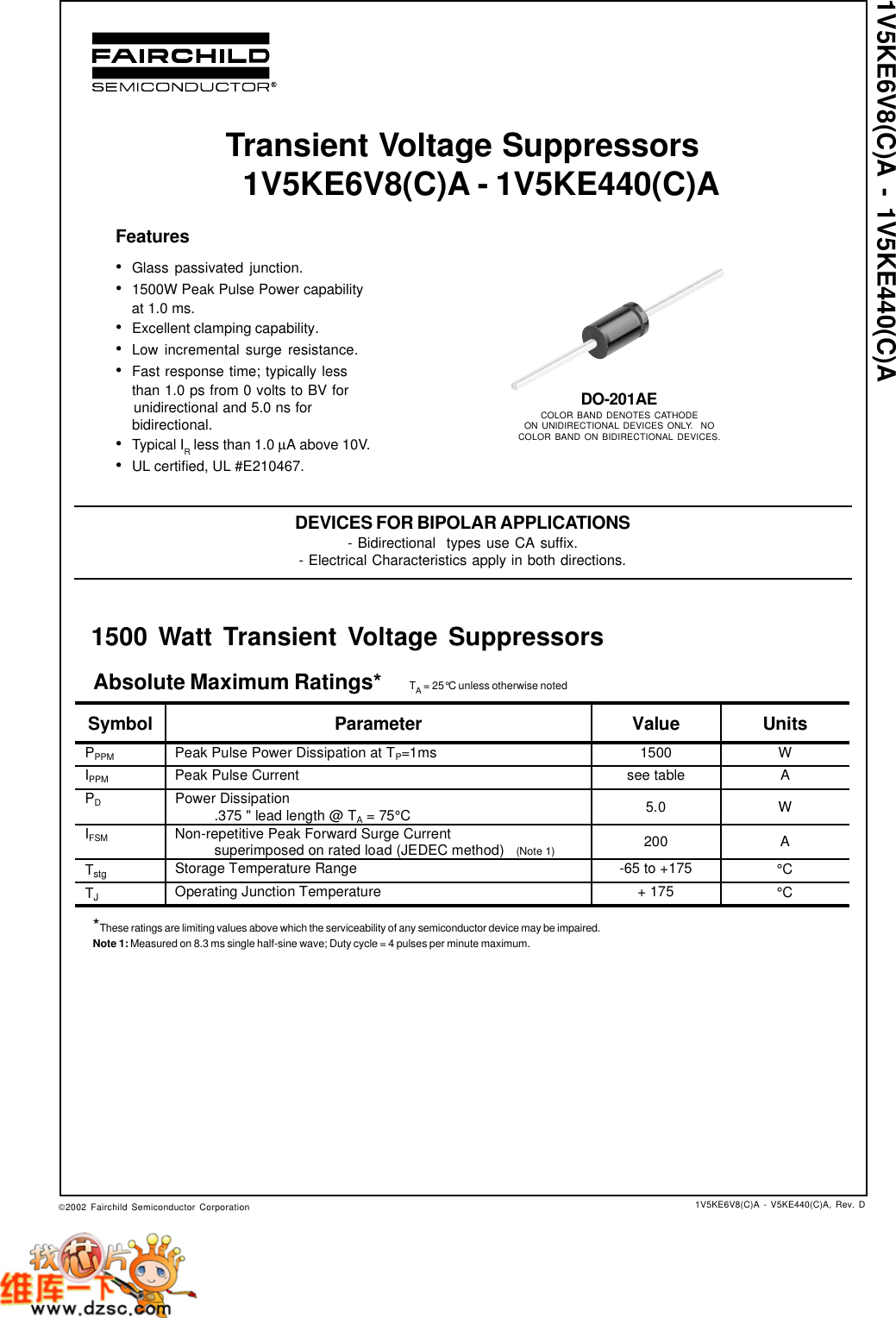 Page 1 of 4 - Fairchild Fairchild-1V5Ke440Ca-Users-Manual- 1V5KE6V8(C)A - 1V5KE440(C)A Transient Voltage Suppressors  Fairchild-1v5ke440ca-users-manual