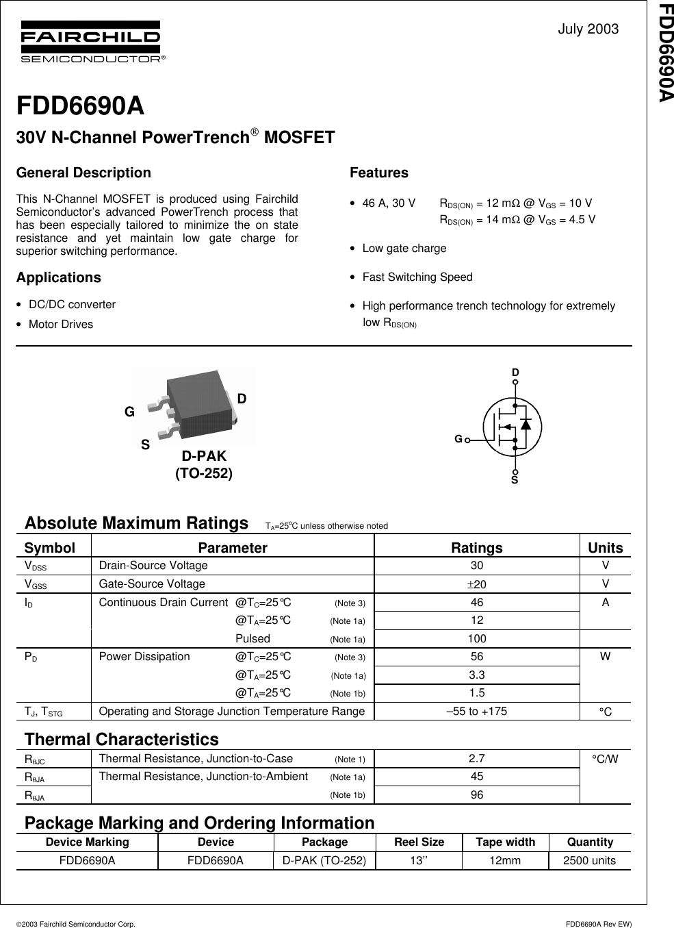 Page 1 of 6 - Fairchild Fairchild-Powertrench-Fdd6690A-Users-Manual- FDD6690A 30V N-Channel PowerTrench® MOSFET  Fairchild-powertrench-fdd6690a-users-manual