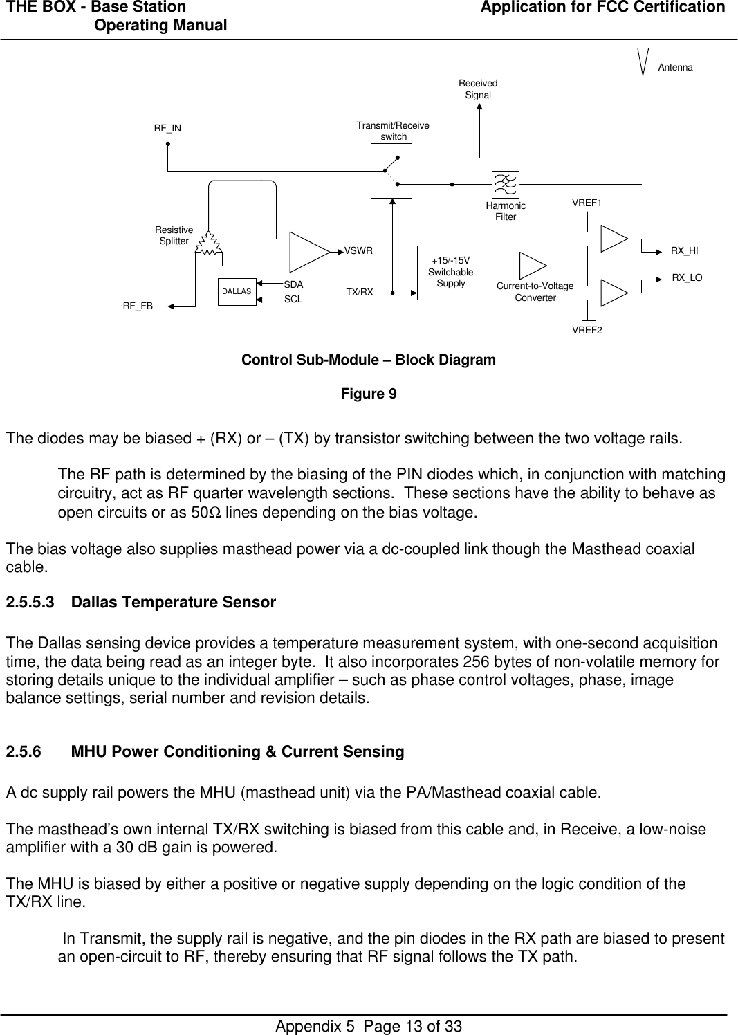 THE BOX - Base Station  Application for FCC Certification                    Operating ManualAppendix 5  Page 13 of 33HarmonicFilter+15/-15VSwitchableSupplyTX/RXAntennaReceivedSignalVREF1VREF2Transmit/ReceiveswitchRF_INResistiveSplitterRF_FBRX_HIRX_LOCurrent-to-VoltageConverterVSWRDALLAS SDASCLControl Sub-Module – Block DiagramFigure 9The diodes may be biased + (RX) or – (TX) by transistor switching between the two voltage rails.The RF path is determined by the biasing of the PIN diodes which, in conjunction with matchingcircuitry, act as RF quarter wavelength sections.  These sections have the ability to behave asopen circuits or as 50Ω lines depending on the bias voltage.The bias voltage also supplies masthead power via a dc-coupled link though the Masthead coaxialcable.2.5.5.3 Dallas Temperature SensorThe Dallas sensing device provides a temperature measurement system, with one-second acquisitiontime, the data being read as an integer byte.  It also incorporates 256 bytes of non-volatile memory forstoring details unique to the individual amplifier – such as phase control voltages, phase, imagebalance settings, serial number and revision details.2.5.6 MHU Power Conditioning &amp; Current SensingA dc supply rail powers the MHU (masthead unit) via the PA/Masthead coaxial cable.The masthead’s own internal TX/RX switching is biased from this cable and, in Receive, a low-noiseamplifier with a 30 dB gain is powered.The MHU is biased by either a positive or negative supply depending on the logic condition of theTX/RX line.In Transmit, the supply rail is negative, and the pin diodes in the RX path are biased to presentan open-circuit to RF, thereby ensuring that RF signal follows the TX path.