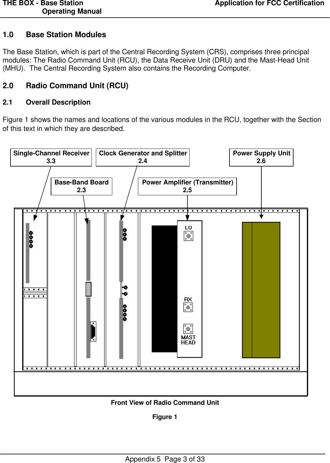 THE BOX - Base Station  Application for FCC Certification                    Operating ManualAppendix 5  Page 3 of 331.0 Base Station ModulesThe Base Station, which is part of the Central Recording System (CRS), comprises three principalmodules: The Radio Command Unit (RCU), the Data Receive Unit (DRU) and the Mast-Head Unit(MHU).  The Central Recording System also contains the Recording Computer.2.0 Radio Command Unit (RCU)2.1 Overall DescriptionFigure 1 shows the names and locations of the various modules in the RCU, together with the Sectionof this text in which they are described.Front View of Radio Command UnitFigure 1Single-Channel Receiver3.3Base-Band Board2.3Clock Generator and Splitter2.4Power Amplifier (Transmitter)2.5Power Supply Unit2.6
