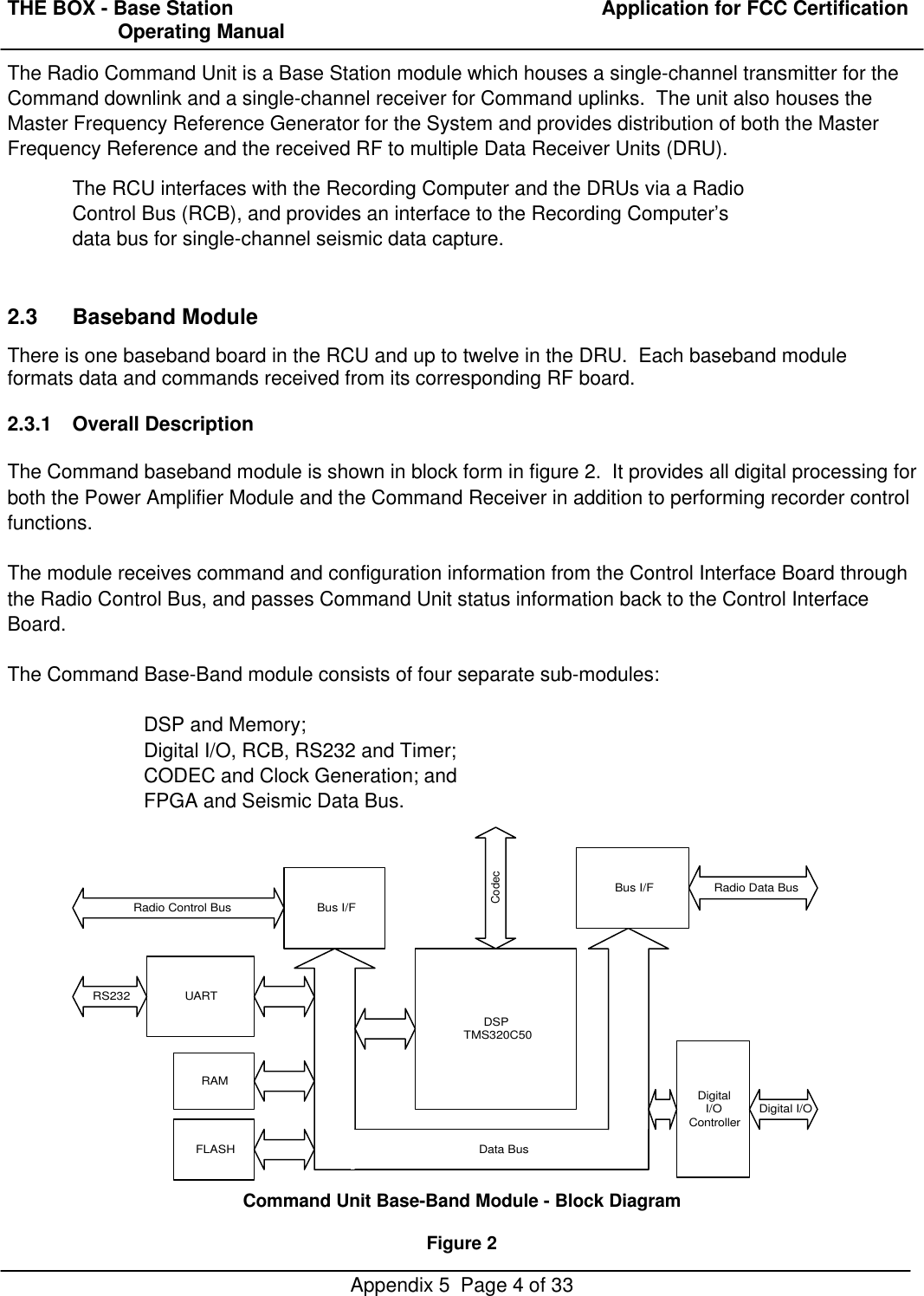 THE BOX - Base Station  Application for FCC Certification                    Operating ManualAppendix 5  Page 4 of 33The Radio Command Unit is a Base Station module which houses a single-channel transmitter for theCommand downlink and a single-channel receiver for Command uplinks.  The unit also houses theMaster Frequency Reference Generator for the System and provides distribution of both the MasterFrequency Reference and the received RF to multiple Data Receiver Units (DRU).The RCU interfaces with the Recording Computer and the DRUs via a RadioControl Bus (RCB), and provides an interface to the Recording Computer’sdata bus for single-channel seismic data capture.2.3 Baseband ModuleThere is one baseband board in the RCU and up to twelve in the DRU.  Each baseband moduleformats data and commands received from its corresponding RF board.2.3.1 Overall DescriptionThe Command baseband module is shown in block form in figure 2.  It provides all digital processing forboth the Power Amplifier Module and the Command Receiver in addition to performing recorder controlfunctions.The module receives command and configuration information from the Control Interface Board throughthe Radio Control Bus, and passes Command Unit status information back to the Control InterfaceBoard.The Command Base-Band module consists of four separate sub-modules:DSP and Memory;Digital I/O, RCB, RS232 and Timer;CODEC and Clock Generation; andFPGA and Seismic Data Bus.DSPTMS320C50UARTRS232Bus I/FRadio Control BusCodecDigitalI/OController Digital I/ORAMFLASH Data BusBus I/F Radio Data BusCommand Unit Base-Band Module - Block DiagramFigure 2