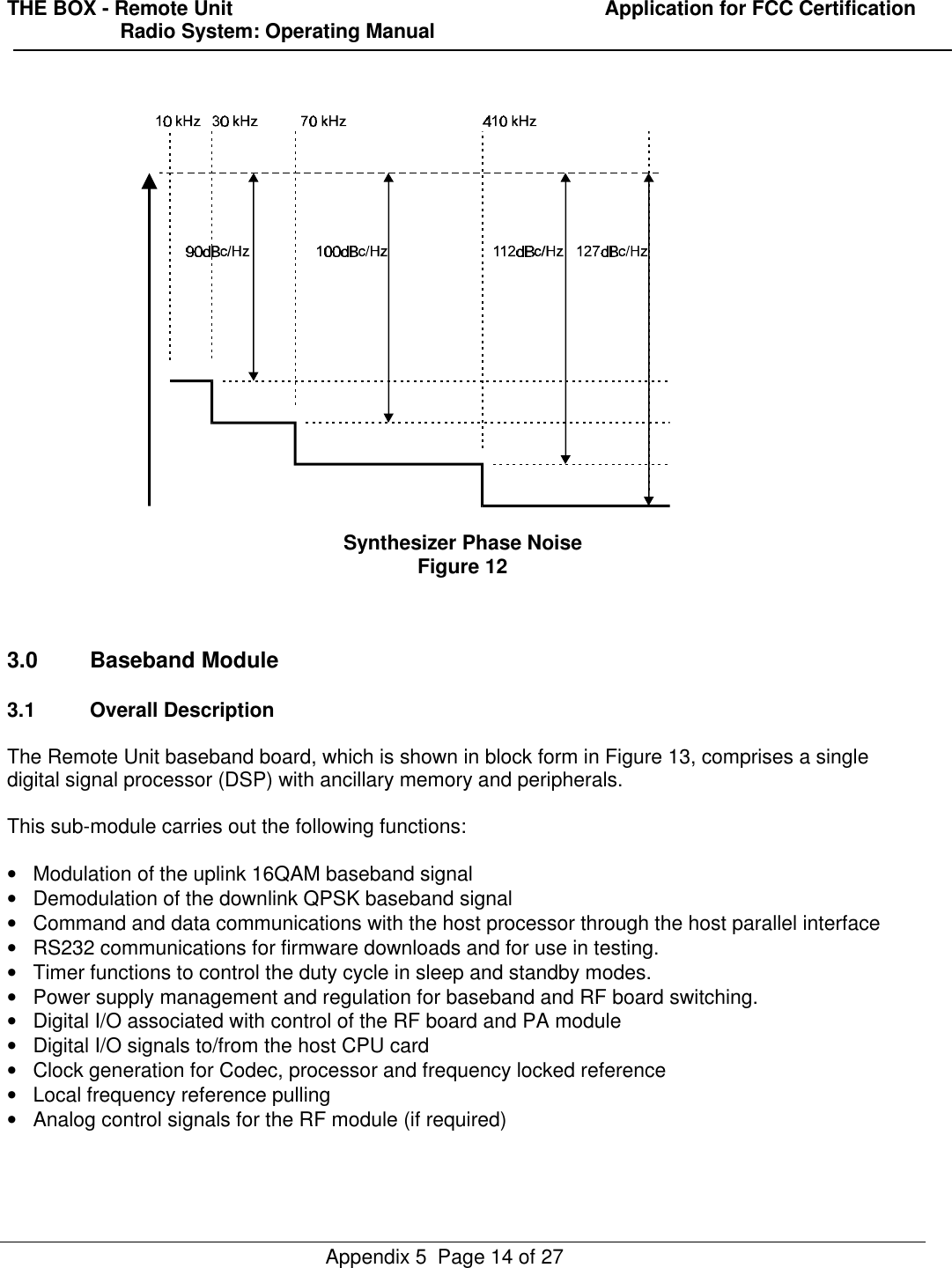 THE BOX - Remote Unit                                                                  Application for FCC Certification                    Radio System: Operating ManualAppendix 5  Page 14 of 27Synthesizer Phase NoiseFigure 123.0 Baseband Module3.1 Overall DescriptionThe Remote Unit baseband board, which is shown in block form in Figure 13, comprises a singledigital signal processor (DSP) with ancillary memory and peripherals.This sub-module carries out the following functions:• Modulation of the uplink 16QAM baseband signal• Demodulation of the downlink QPSK baseband signal• Command and data communications with the host processor through the host parallel interface• RS232 communications for firmware downloads and for use in testing.• Timer functions to control the duty cycle in sleep and standby modes.• Power supply management and regulation for baseband and RF board switching.• Digital I/O associated with control of the RF board and PA module• Digital I/O signals to/from the host CPU card• Clock generation for Codec, processor and frequency locked reference• Local frequency reference pulling• Analog control signals for the RF module (if required)