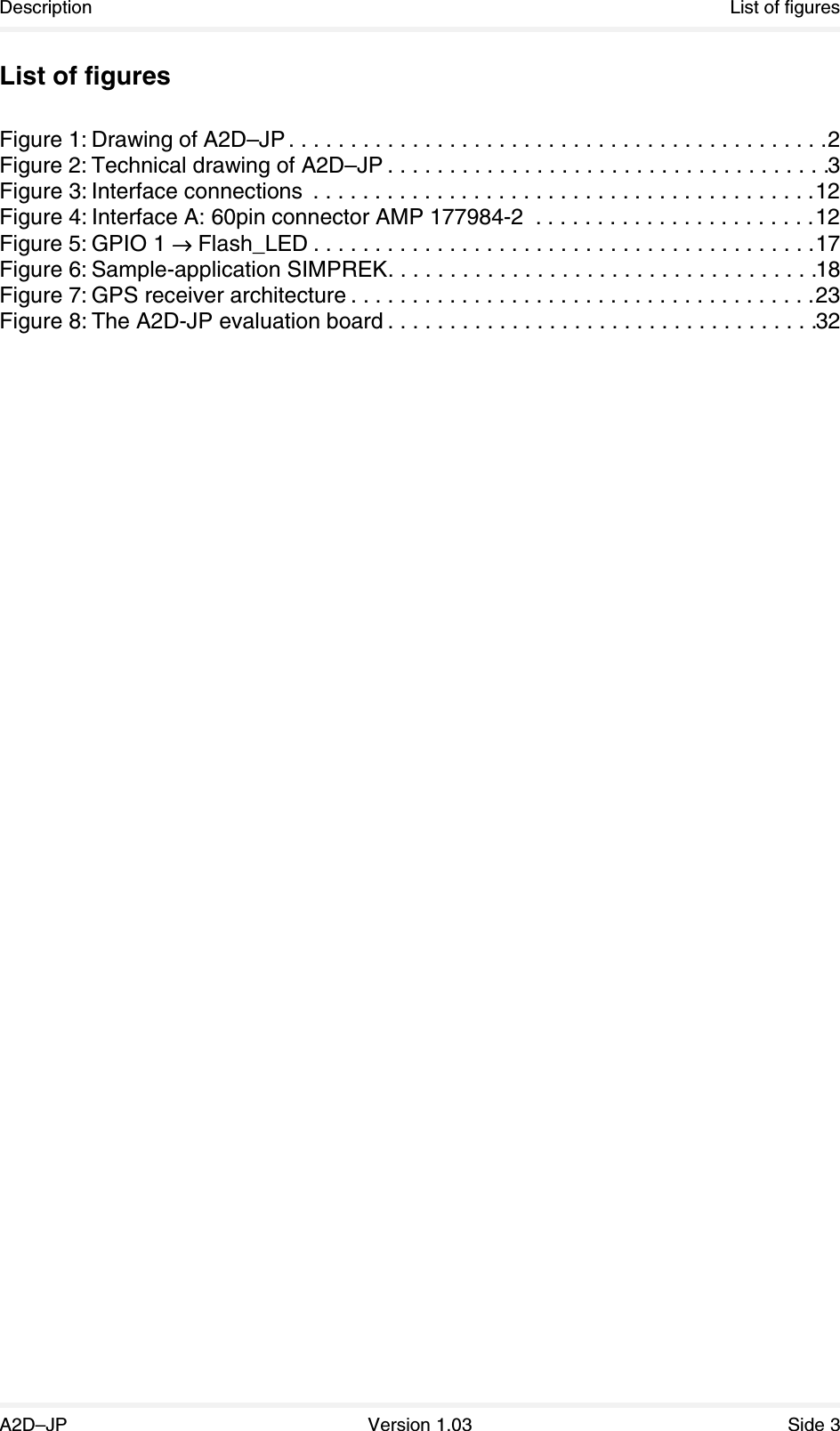 Description List of figuresA2D–JP Version 1.03 Side 3List of figuresFigure 1: Drawing of A2D–JP . . . . . . . . . . . . . . . . . . . . . . . . . . . . . . . . . . . . . . . . . . . .2Figure 2: Technical drawing of A2D–JP . . . . . . . . . . . . . . . . . . . . . . . . . . . . . . . . . . . .3Figure 3: Interface connections  . . . . . . . . . . . . . . . . . . . . . . . . . . . . . . . . . . . . . . . . .12Figure 4: Interface A: 60pin connector AMP 177984-2  . . . . . . . . . . . . . . . . . . . . . . .12Figure 5: GPIO 1 →→→→ Flash_LED . . . . . . . . . . . . . . . . . . . . . . . . . . . . . . . . . . . . . . . . .17Figure 6: Sample-application SIMPREK. . . . . . . . . . . . . . . . . . . . . . . . . . . . . . . . . . .18Figure 7: GPS receiver architecture . . . . . . . . . . . . . . . . . . . . . . . . . . . . . . . . . . . . . .23Figure 8: The A2D-JP evaluation board . . . . . . . . . . . . . . . . . . . . . . . . . . . . . . . . . . .32