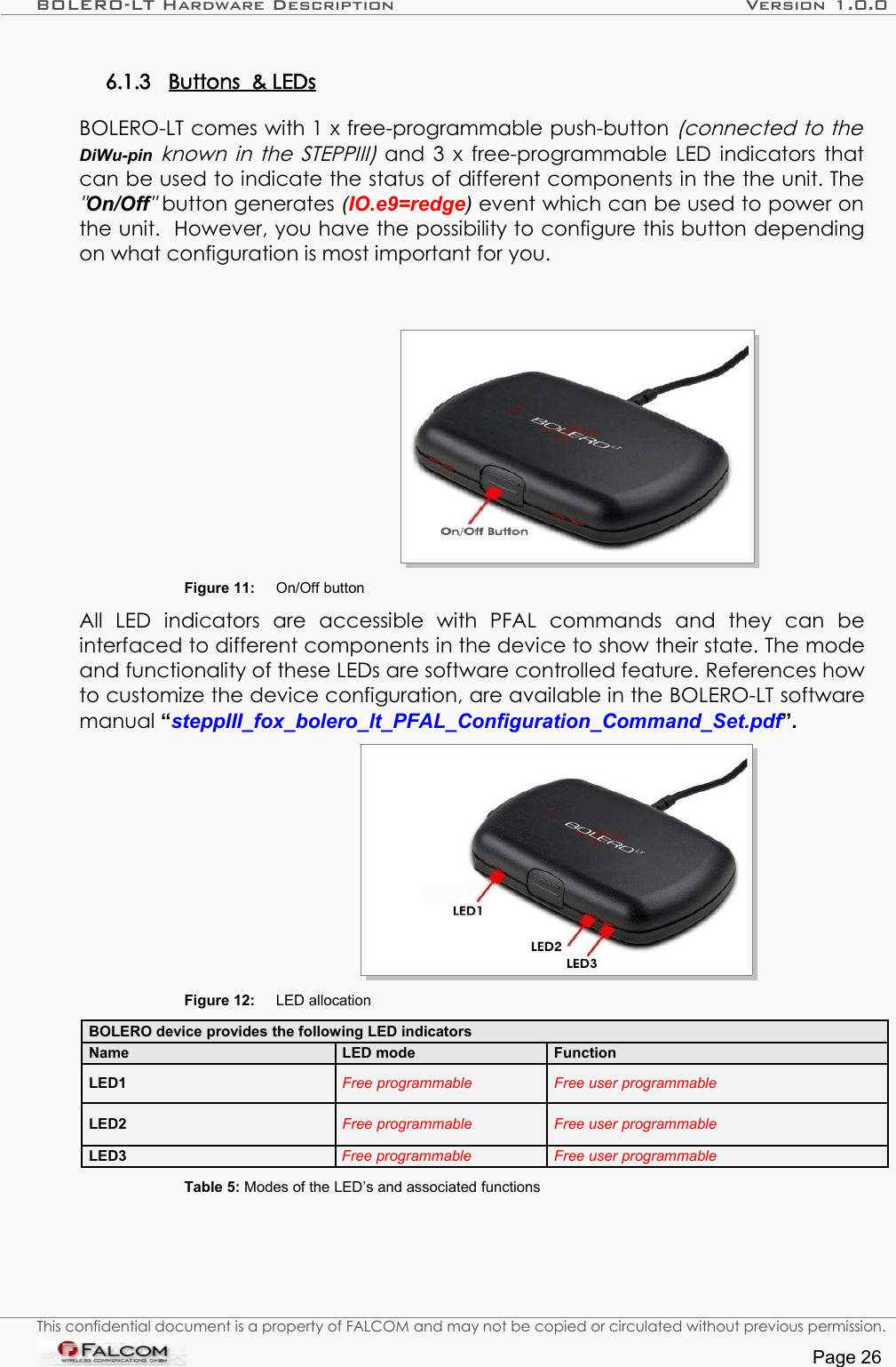 BOLERO-LT Hardware Description Version 1.0.06.1.3 Buttons  &amp; LEDs   BOLERO-LT comes with 1 x free-programmable push-button (connected to the DiWu-pin  known in the STEPPIII) and 3 x free-programmable LED indicators that can be used to indicate the status of different components in the the unit. The &quot;On/Off&quot; button generates (IO.e9=redge) event which can be used to power on the unit.  However, you have the possibility to configure this button depending on what configuration is most important for you. Figure 11:  On/Off button All   LED   indicators   are   accessible   with   PFAL   commands   and   they   can   be interfaced to different components in the device to show their state. The mode and functionality of these LEDs are software controlled feature. References how to customize the device configuration, are available in the BOLERO-LT software manual “steppIII_fox_bolero_lt_PFAL_Configuration_Command_Set.pdf”.Figure 12:  LED allocationBOLERO device provides the following LED indicatorsName LED mode FunctionLED1 Free programmable Free user programmableLED2 Free programmable Free user programmableLED3 Free programmable Free user programmableTable 5: Modes of the LED’s and associated functionsThis confidential document is a property of FALCOM and may not be copied or circulated without previous permission.Page 26