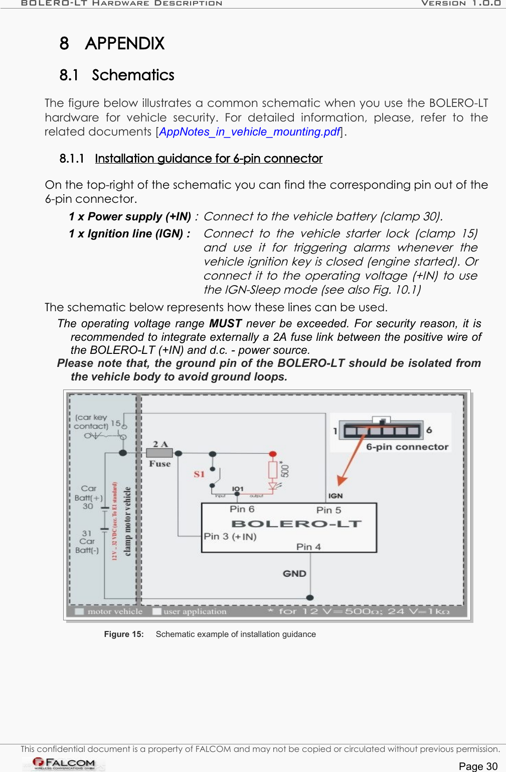 BOLERO-LT Hardware Description Version 1.0.08 APPENDIX8.1 SchematicsThe figure below illustrates a common schematic when you use the BOLERO-LT hardware   for   vehicle   security.   For   detailed   information,   please,   refer   to   the related documents [AppNotes_in_vehicle_mounting.pdf].8.1.1 Installation guidance for 6-pin connector   On the top-right of the schematic you can find the corresponding pin out of the 6-pin connector. 1 x Power supply (+IN) : Connect to the vehicle battery (clamp 30).1 x Ignition line (IGN) :Connect to the  vehicle starter lock (clamp 15) and   use   it   for   triggering   alarms   whenever   the vehicle ignition key is closed (engine started). Or connect it to the operating voltage (+IN) to use  the IGN-Sleep mode (see also Fig. 10.1)The schematic below represents how these lines can be used.The operating voltage range  MUST  never be exceeded. For security reason, it is recommended to integrate externally a 2A fuse link between the positive wire of the BOLERO-LT (+IN) and d.c. - power source. Please note that, the ground pin of the BOLERO-LT should be isolated from  the vehicle body to avoid ground loops. Figure 15: Schematic example of installation guidanceThis confidential document is a property of FALCOM and may not be copied or circulated without previous permission.Page 30