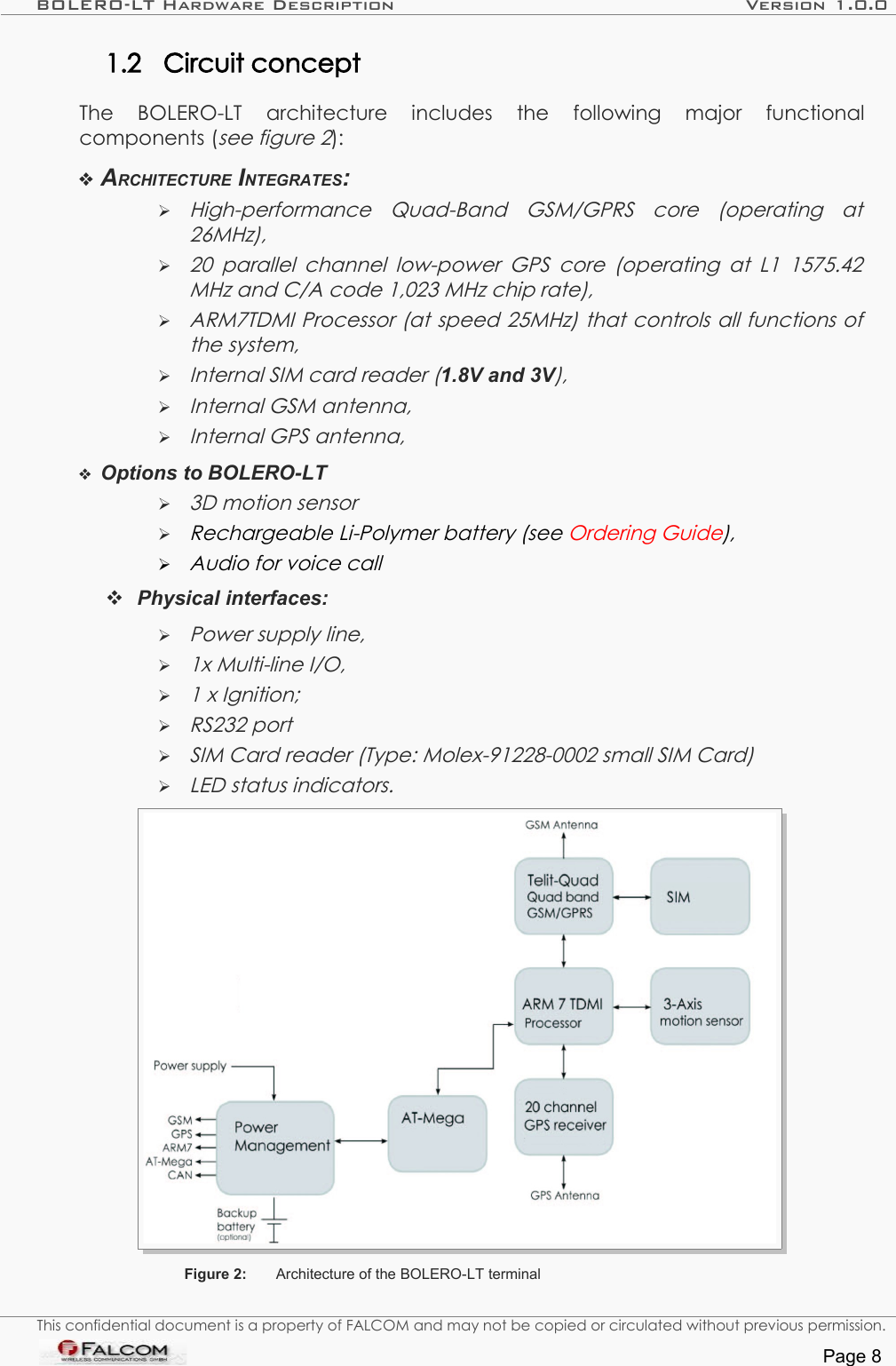 BOLERO-LT Hardware Description Version 1.0.01.2 Circuit conceptThe   BOLERO-LT   architecture   includes   the   following   major   functional components (see figure 2):ARCHITECTURE INTEGRATES:➢High-performance   Quad-Band   GSM/GPRS   core   (operating   at  26MHz),➢20 parallel channel low-power GPS core (operating at L1 1575.42 MHz and C/A code 1,023 MHz chip rate),➢ARM7TDMI Processor (at speed 25MHz) that controls all functions of  the system, ➢Internal SIM card reader (1.8V and 3V),➢Internal GSM antenna, ➢Internal GPS antenna,Options to BOLERO-LT➢3D motion sensor➢Rechargeable Li-Polymer battery (see Ordering Guide),➢Audio for voice callPhysical interfaces:➢Power supply line,➢1x Multi-line I/O,➢1 x Ignition; ➢RS232 port➢SIM Card reader (Type: Molex-91228-0002 small SIM Card)➢LED status indicators.Figure 2: Architecture of the BOLERO-LT terminalThis confidential document is a property of FALCOM and may not be copied or circulated without previous permission.Page 8