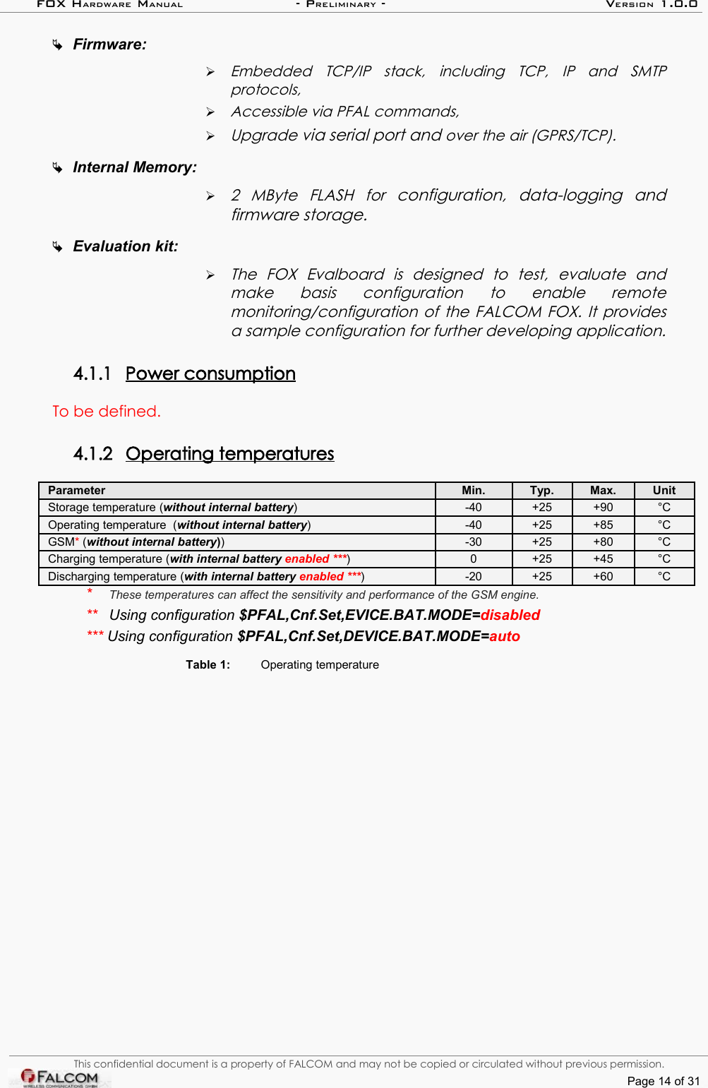 FOX HARDWARE MANUAL                      - PRELIMINARY - VERSION 1.0.0Firmware:➢Embedded   TCP/IP   stack,   including   TCP,   IP   and   SMTP protocols,➢Accessible via PFAL commands,➢Upgrade via serial port and over the air (GPRS/TCP). Internal Memory: ➢2   MByte   FLASH   for  configuration,   data-logging   and firmware storage.Evaluation kit: ➢The   FOX   Evalboard   is   designed   to   test,   evaluate   and make   basis   configuration   to   enable   remote monitoring/configuration of the FALCOM FOX. It provides a sample configuration for further developing application.4.1.1 Power consumption   To be defined.4.1.2 Operating temperatures   Parameter Min. Typ. Max. UnitStorage temperature (without internal battery) -40 +25 +90 °COperating temperature  (without internal battery) -40 +25 +85 °CGSM* (without internal battery))  -30 +25 +80 °CCharging temperature (with internal battery enabled ***) 0 +25 +45 °CDischarging temperature (with internal battery enabled ***) -20 +25 +60 °C*  These temperatures can affect the sensitivity and performance of the GSM engine.**  Using configuration $PFAL,Cnf.Set,EVICE.BAT.MODE=disabled*** Using configuration $PFAL,Cnf.Set,DEVICE.BAT.MODE=autoTable 1: Operating temperatureThis confidential document is a property of FALCOM and may not be copied or circulated without previous permission.Page 14 of 31