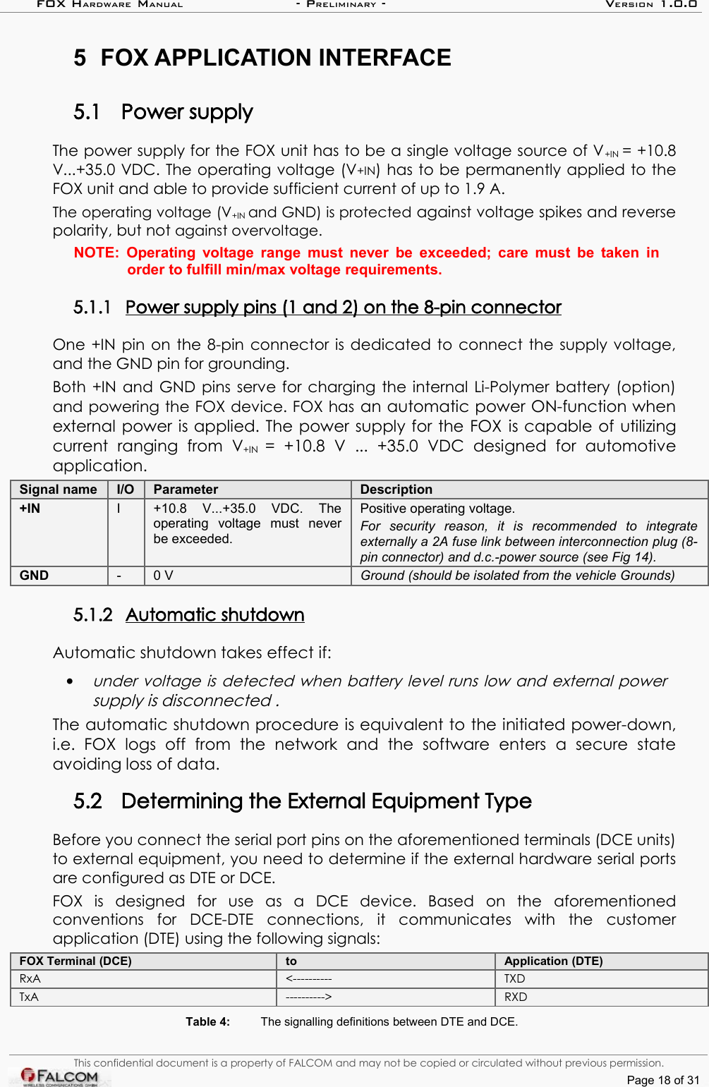 FOX HARDWARE MANUAL                      - PRELIMINARY - VERSION 1.0.05 FOX APPLICATION INTERFACE5.1 Power supplyThe power supply for the FOX unit has to be a single voltage source of V+IN = +10.8 V...+35.0 VDC. The operating voltage (V+IN) has to be permanently applied to the FOX unit and able to provide sufficient current of up to 1.9 A. The operating voltage (V+IN and GND) is protected against voltage spikes and reverse polarity, but not against overvoltage.NOTE:  Operating voltage range must never be exceeded; care must be taken in order to fulfill min/max voltage requirements.5.1.1 Power supply pins (1 and 2) on the 8-pin connector   One +IN pin on the 8-pin connector is dedicated to connect the supply voltage, and the GND pin for grounding.Both +IN and GND pins serve for charging the internal Li-Polymer battery (option) and powering the FOX device. FOX has an automatic power ON-function when external power is applied. The power supply for the FOX is capable of utilizing current   ranging   from  V+IN  =   +10.8   V   ...   +35.0   VDC   designed   for   automotive application. Signal name  I/O  Parameter Description+IN I +10.8   V...+35.0   VDC.   The operating   voltage   must   never be exceeded.Positive operating voltage. For   security   reason,  it   is   recommended   to   integrate externally a 2A fuse link between interconnection plug (8-pin connector) and d.c.-power source (see Fig 14).GND - 0 V Ground (should be isolated from the vehicle Grounds)5.1.2 Automatic shutdown   Automatic shutdown takes effect if:•under voltage is detected when battery level runs low and external power  supply is disconnected .The automatic shutdown procedure is equivalent to the initiated power-down, i.e.   FOX   logs   off   from   the   network   and   the   software   enters   a   secure   state avoiding loss of data.5.2 Determining the External Equipment TypeBefore you connect the serial port pins on the aforementioned terminals (DCE units) to external equipment, you need to determine if the external hardware serial ports are configured as DTE or DCE.FOX   is   designed   for   use   as   a   DCE   device.   Based   on   the  aforementioned conventions   for   DCE-DTE   connections,   it   communicates   with   the   customer application (DTE) using the following signals:FOX Terminal (DCE) to Application (DTE)RxA &lt;---------- TXDTxA ----------&gt; RXDTable 4: The signalling definitions between DTE and DCE.This confidential document is a property of FALCOM and may not be copied or circulated without previous permission.Page 18 of 31