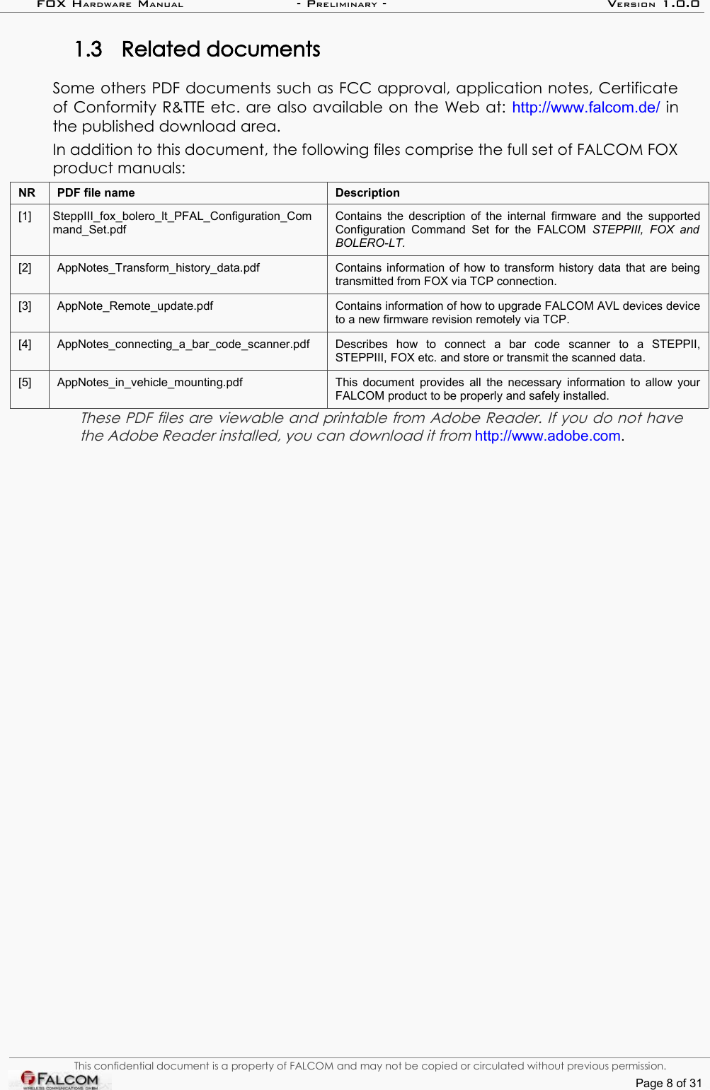 FOX HARDWARE MANUAL                      - PRELIMINARY - VERSION 1.0.01.3 Related documentsSome others PDF documents such as FCC approval, application notes, Certificate of Conformity R&amp;TTE etc. are also available on the Web at: http://www.falcom.de/ in the published download area.In addition to this document, the following files comprise the full set of FALCOM FOX product manuals: NR PDF file name Description[1] SteppIII_fox_bolero_lt_PFAL_Configuration_Command_Set.pdfContains  the description of the internal firmware  and the supported Configuration  Command   Set for  the  FALCOM  STEPPIII,   FOX and BOLERO-LT.[2] AppNotes_Transform_history_data.pdf Contains information of how to transform history data that are being transmitted from FOX via TCP connection.[3] AppNote_Remote_update.pdf Contains information of how to upgrade FALCOM AVL devices device to a new firmware revision remotely via TCP.[4] AppNotes_connecting_a_bar_code_scanner.pdf Describes   how   to   connect   a   bar   code   scanner   to   a   STEPPII, STEPPIII, FOX etc. and store or transmit the scanned data.[5] AppNotes_in_vehicle_mounting.pdf This document provides all the necessary information to allow your FALCOM product to be properly and safely installed.These PDF files are viewable and printable from Adobe Reader. If you do not have the Adobe Reader installed, you can download it from http://www.adobe.com.This confidential document is a property of FALCOM and may not be copied or circulated without previous permission.Page 8 of 31