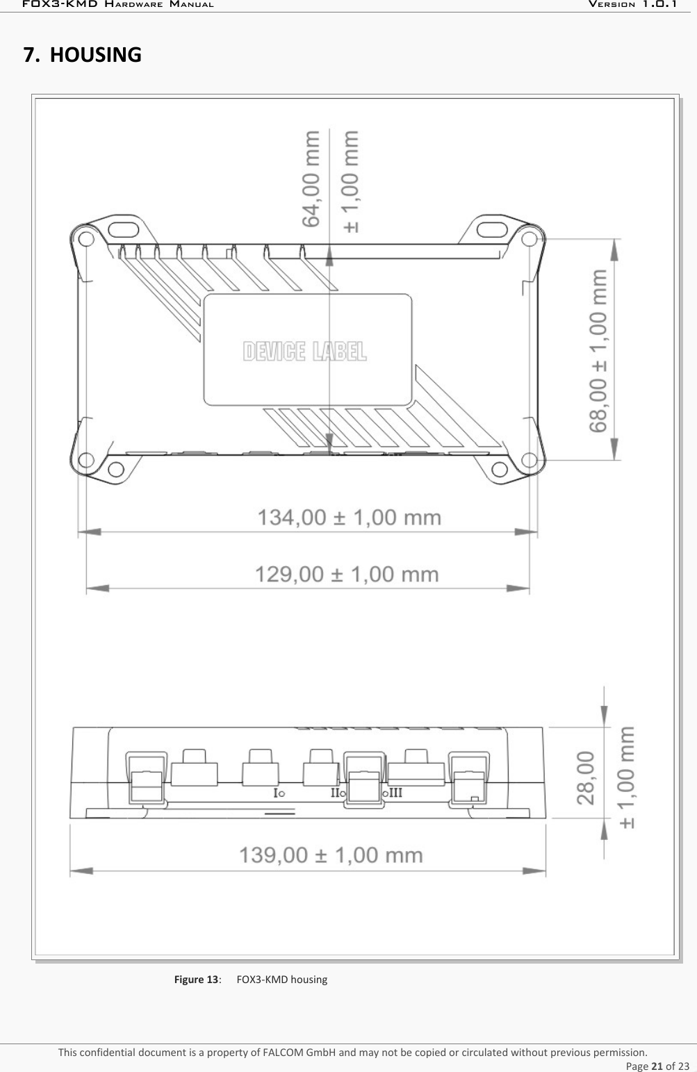 FOX3-KMD HARDWARE MANUAL VERSION 1.0.17. HOUSINGFigure 13: FOX3-KMD housingThis confidential document is a property of FALCOM GmbH and may not be copied or circulated without previous permission.Page 21 of 23