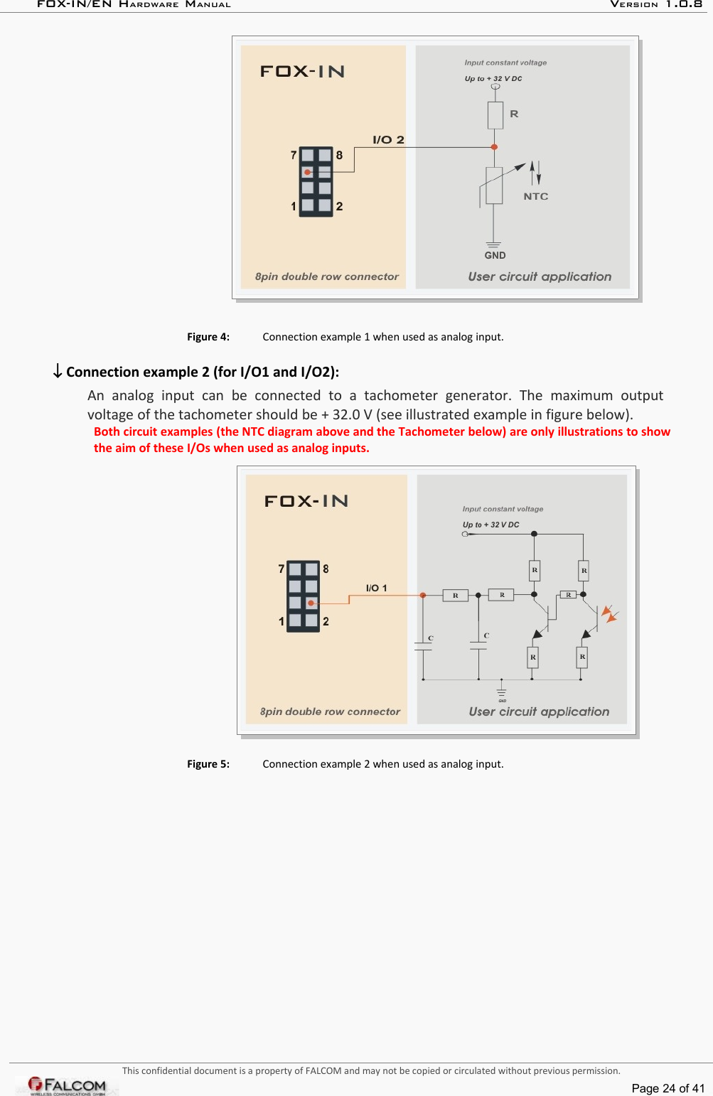 FOX-IN/EN HARDWARE MANUAL   VERSION 1.0.8Figure 4: Connection example 1 when used as analog input. ↓ Connection example 2 (for I/O1 and I/O2):An   analog   input   can   be   connected   to   a   tachometer   generator.   The   maximum   output voltage of the tachometer should be + 32.0 V (see illustrated example in figure below).Both circuit examples (the NTC diagram above and the Tachometer below) are only illustrations to show  the aim of these I/Os when used as analog inputs.Figure 5: Connection example 2 when used as analog input. This confidential document is a property of FALCOM and may not be copied or circulated without previous permission.Page 24 of 41