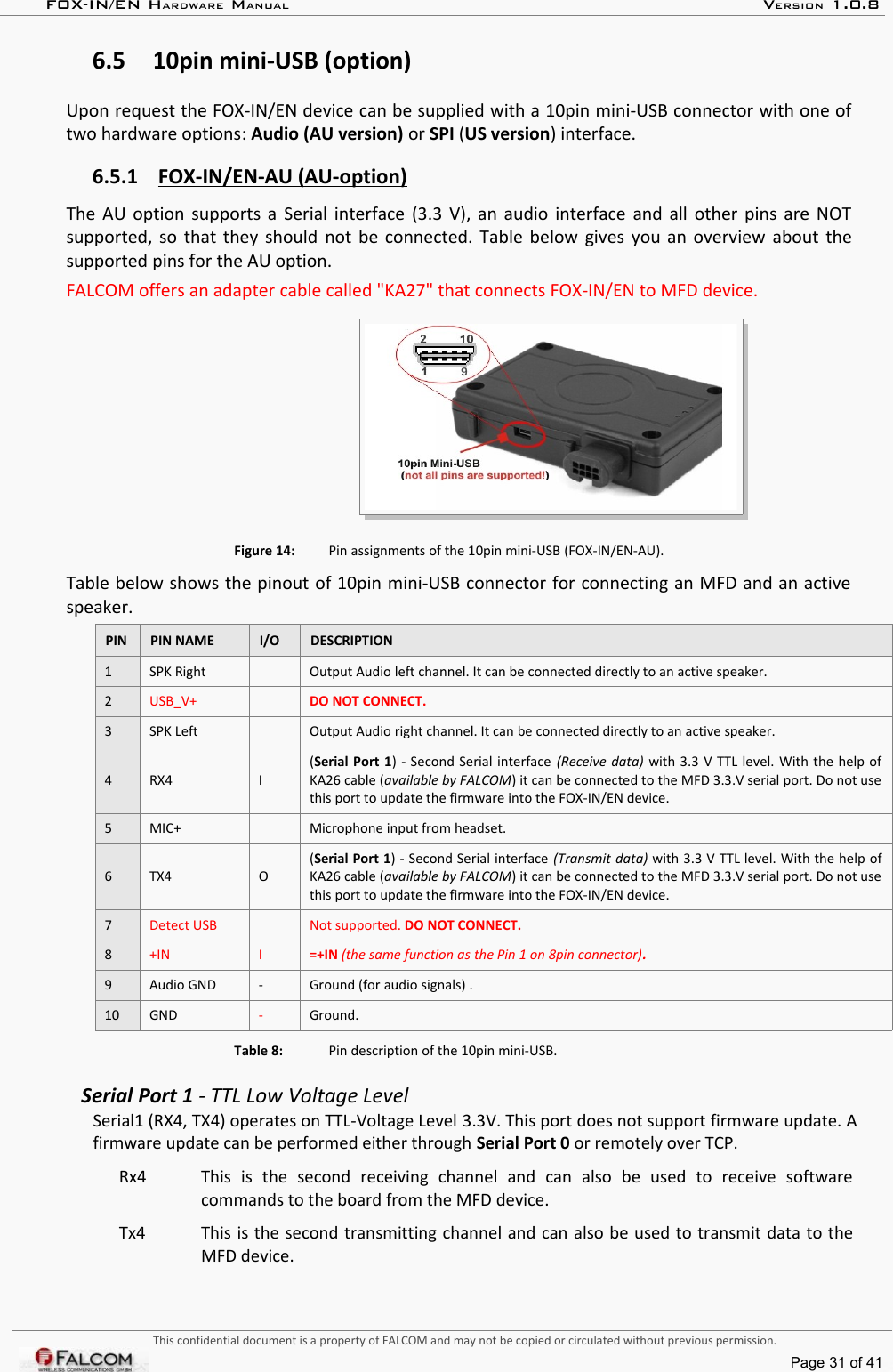 FOX-IN/EN HARDWARE MANUAL   VERSION 1.0.86.5 10pin mini-USB (option)Upon request the FOX-IN/EN device can be supplied with a 10pin mini-USB connector with one of two hardware options: Audio (AU version) or SPI (US version) interface.6.5.1 FOX-IN/EN-AU (AU-option)   The AU option supports a Serial interface (3.3 V), an audio interface and all other pins are NOT supported, so that they should not be connected. Table below gives you an overview about the supported pins for the AU option.FALCOM offers an adapter cable called &quot;KA27&quot; that connects FOX-IN/EN to MFD device.Figure 14: Pin assignments of the 10pin mini-USB (FOX-IN/EN-AU).Table below shows the pinout of 10pin mini-USB connector for connecting an MFD and an active  speaker.PIN PIN NAME I/O DESCRIPTION1 SPK Right Output Audio left channel. It can be connected directly to an active speaker.2USB_V+ DO NOT CONNECT.3 SPK Left  Output Audio right channel. It can be connected directly to an active speaker.4 RX4 I(Serial Port 1) - Second Serial interface  (Receive data) with 3.3 V TTL level. With the help of KA26 cable (available by FALCOM) it can be connected to the MFD 3.3.V serial port. Do not use this port to update the firmware into the FOX-IN/EN device.5 MIC+ Microphone input from headset.6 TX4 O(Serial Port 1) - Second Serial interface (Transmit data) with 3.3 V TTL level. With the help of KA26 cable (available by FALCOM) it can be connected to the MFD 3.3.V serial port. Do not use this port to update the firmware into the FOX-IN/EN device.7Detect USB Not supported. DO NOT CONNECT.8+IN I =+IN (the same function as the Pin 1 on 8pin connector).9 Audio GND - Ground (for audio signals) .10 GND -Ground.Table 8: Pin description of the 10pin mini-USB.Serial Port 1 - TTL Low Voltage LevelSerial1 (RX4, TX4) operates on TTL-Voltage Level 3.3V. This port does not support firmware update. A firmware update can be performed either through Serial Port 0 or remotely over TCP.Rx4 This   is   the   second   receiving   channel   and   can   also   be   used   to   receive   software commands to the board from the MFD device.Tx4 This is the second transmitting channel and can also be used to transmit data to the MFD device.This confidential document is a property of FALCOM and may not be copied or circulated without previous permission.Page 31 of 41