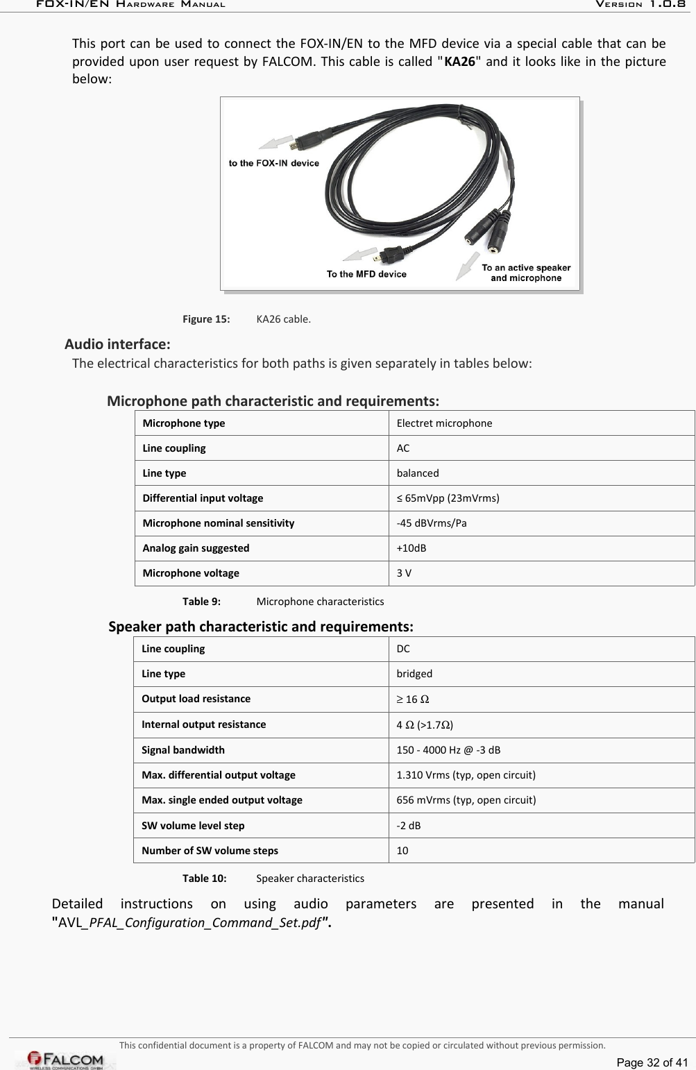 FOX-IN/EN HARDWARE MANUAL   VERSION 1.0.8This port can be used to connect the FOX-IN/EN to the MFD device via a special cable that can be provided upon user request by FALCOM. This cable is called &quot;KA26&quot; and it looks like in the picture below:Figure 15: KA26 cable.Audio interface:The electrical characteristics for both paths is given separately in tables below:Microphone path characteristic and requirements:Microphone type  Electret microphoneLine coupling ACLine type balancedDifferential input voltage ≤ 65mVpp (23mVrms)Microphone nominal sensitivity -45 dBVrms/PaAnalog gain suggested +10dBMicrophone voltage  3 VTable 9: Microphone characteristics Speaker path characteristic and requirements:Line coupling DCLine type bridgedOutput load resistance ≥ 16 ΩInternal output resistance 4 Ω (&gt;1.7Ω)Signal bandwidth 150 - 4000 Hz @ -3 dBMax. differential output voltage 1.310 Vrms (typ, open circuit)Max. single ended output voltage 656 mVrms (typ, open circuit)SW volume level step -2 dBNumber of SW volume steps 10Table 10: Speaker characteristics Detailed   instructions   on   using   audio   parameters   are   presented   in   the   manual &quot;AVL_PFAL_Configuration_Command_Set.pdf&quot;.This confidential document is a property of FALCOM and may not be copied or circulated without previous permission.Page 32 of 41