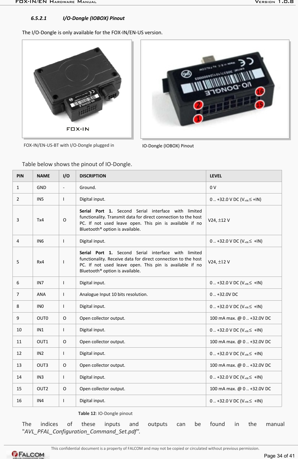 FOX-IN/EN HARDWARE MANUAL   VERSION 1.0.86.5.2.1 I/O-Dongle (IOBOX) PinoutThe I/O-Dongle is only available for the FOX-IN/EN-US version.FOX-IN/EN-US-BT with I/O-Dongle plugged in IO-Dongle (IOBOX) PinoutTable below shows the pinout of IO-Dongle.PIN NAME I/O DISCRIPTION LEVEL1 GND - Ground. 0 V2 IN5 I Digital input. 0 .. +32.0 V DC (V+IN ≤ +IN)3 Tx4 OSerial   Port   1.  Second   Serial   interface  with   limited functionality. Transmit data for direct connection to the host PC.   If   not   used   leave   open.   This   pin  is   available   if   no Bluetooth® option is available.V24, ±12 V4 IN6 I Digital input. 0 .. +32.0 V DC (V+IN ≤  +IN)5 Rx4  ISerial   Port   1.  Second   Serial   interface  with   limited functionality. Receive data for direct connection to the host PC.   If   not   used   leave   open.   This   pin  is   available   if   no Bluetooth® option is available.V24, ±12 V6 IN7 I Digital input. 0 .. +32.0 V DC (V+IN ≤  +IN)7 ANA I Analogue Input 10 bits resolution. 0 .. +32.0V DC8 IN0 I Digital input. 0 .. +32.0 V DC (V+IN ≤  +IN)9 OUT0 O Open collector output. 100 mA max. @ 0 .. +32.0V DC10 IN1 I Digital input. 0 .. +32.0 V DC (V+IN ≤  +IN)11 OUT1 O Open collector output. 100 mA max. @ 0 .. +32.0V DC12 IN2 I Digital input. 0 .. +32.0 V DC (V+IN ≤  +IN)13 OUT3 O Open collector output. 100 mA max. @ 0 .. +32.0V DC14 IN3 I Digital input. 0 .. +32.0 V DC (V+IN ≤  +IN)15 OUT2 O Open collector output. 100 mA max. @ 0 .. +32.0V DC16 IN4 I Digital input. 0 .. +32.0 V DC (V+IN ≤  +IN)Table 12: IO-Dongle pinoutThe   indices   of   these   inputs   and   outputs   can   be   found  in   the   manual &quot;AVL_PFAL_Configuration_Command_Set.pdf&quot;.This confidential document is a property of FALCOM and may not be copied or circulated without previous permission.Page 34 of 41