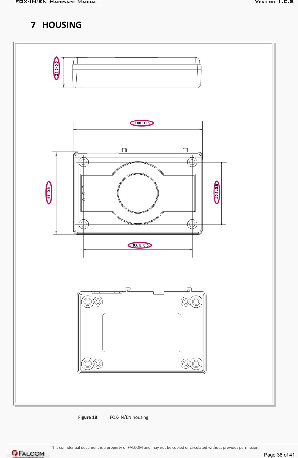 FOX-IN/EN HARDWARE MANUAL   VERSION 1.0.87 HOUSINGFigure 18: FOX-IN/EN housing.This confidential document is a property of FALCOM and may not be copied or circulated without previous permission.Page 38 of 41