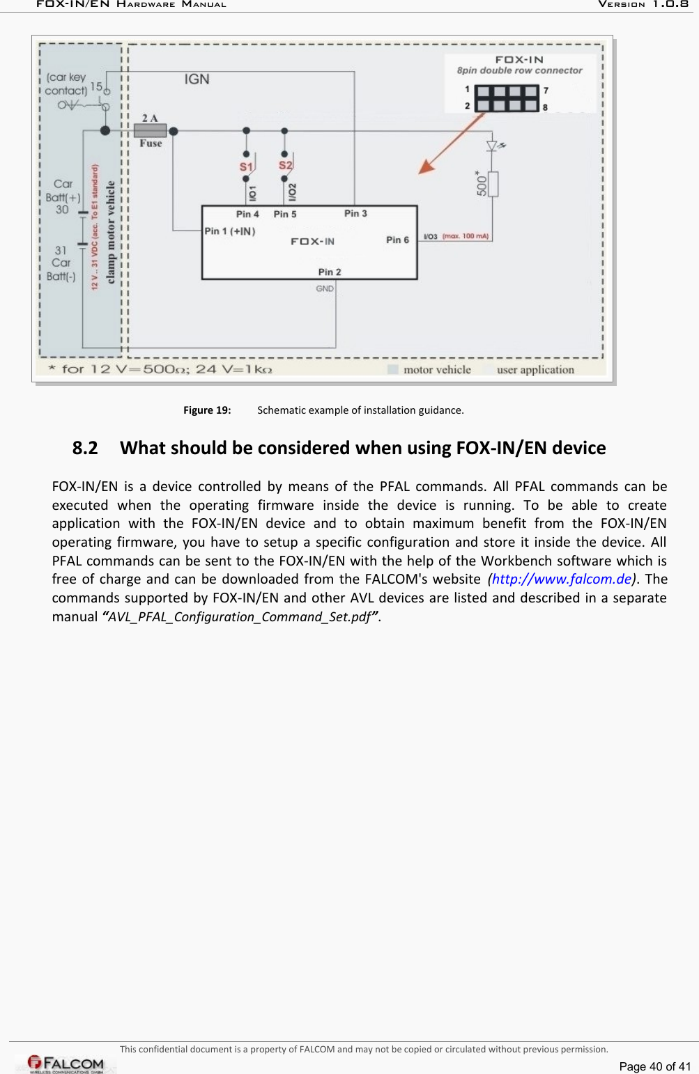 FOX-IN/EN HARDWARE MANUAL   VERSION 1.0.8Figure 19: Schematic example of installation guidance.8.2 What should be considered when using FOX-IN/EN deviceFOX-IN/EN is a device controlled by means of the PFAL commands. All PFAL commands can be executed   when   the   operating   firmware   inside   the   device   is   running.   To   be   able   to   create application   with   the   FOX-IN/EN   device   and   to   obtain   maximum   benefit   from   the   FOX-IN/EN operating firmware, you have to setup a specific configuration and store it inside the device. All PFAL commands can be sent to the FOX-IN/EN with the help of the Workbench software which is free of charge and can be downloaded from the FALCOM&apos;s website  (http://www.falcom.de). The commands supported by FOX-IN/EN and other AVL devices are listed and described in a separate manual “AVL_PFAL_Configuration_Command_Set.pdf”.This confidential document is a property of FALCOM and may not be copied or circulated without previous permission.Page 40 of 41