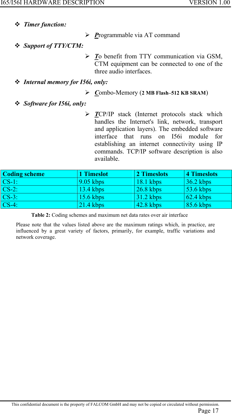 I65/I56I HARDWARE DESCRIPTION VERSION 1.00  Timer function:   Programmable via AT command  Support of TTY/CTM:  To benefit from TTY communication via GSM, CTM equipment can be connected to one of the three audio interfaces.  Internal memory for I56i, only:  Combo-Memory (2 MB Flash–512 KB SRAM)  Software for I56i, only:  TCP/IP stack (Internet protocols stack which handles the Internet&apos;s link, network, transport and application layers). The embedded software interface that runs on I56i module for establishing an internet connectivity using IP commands. TCP/IP software description is also available.   Coding scheme  1 Timeslot  2 Timeslots  4 Timeslots CS-1:   9.05 kbps   18.1 kbps   36.2 kbps CS-2:   13.4 kbps   26.8 kbps  53.6 kbps CS-3:   15.6 kbps   31.2 kbps   62.4 kbps CS-4:   21.4 kbps   42.8 kbps   85.6 kbps Table 2: Coding schemes and maximum net data rates over air interface Please note that the values listed above are the maximum ratings which, in practice, are influenced by a great variety of factors, primarily, for example, traffic variations and network coverage. This confidential document is the property of FALCOM GmbH and may not be copied or circulated without permission. Page 17 