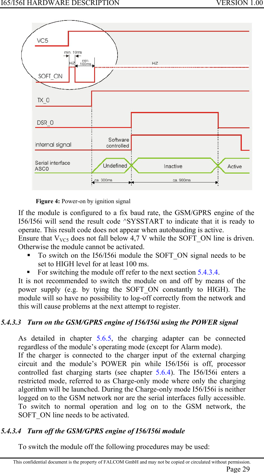 I65/I56I HARDWARE DESCRIPTION VERSION 1.00  Figure 4: Power-on by ignition signal If the module is configured to a fix baud rate, the GSM/GPRS engine of the I56/I56i will send the result code ^SYSSTART to indicate that it is ready to operate. This result code does not appear when autobauding is active.  Ensure that VVC5 does not fall below 4,7 V while the SOFT_ON line is driven. Otherwise the module cannot be activated.  To switch on the I56/I56i module the SOFT_ON signal needs to be set to HIGH level for at least 100 ms.  For switching the module off refer to the next section 5.4.3.4. It is not recommended to switch the module on and off by means of the power supply (e.g. by tying the SOFT_ON constantly to HIGH). The module will so have no possibility to log-off correctly from the network and this will cause problems at the next attempt to register. 5.4.3.3  Turn on the GSM/GPRS engine of I56/I56i using the POWER signal  As detailed in chapter 5.6.5, the charging adapter can be connected regardless of the module’s operating mode (except for Alarm mode). If the charger is connected to the charger input of the external charging circuit and the module’s POWER pin while I56/I56i is off, processor controlled fast charging starts (see chapter 5.6.4). The I56/I56i enters a restricted mode, referred to as Charge-only mode where only the charging algorithm will be launched. During the Charge-only mode I56/I56i is neither logged on to the GSM network nor are the serial interfaces fully accessible. To switch to normal operation and log on to the GSM network, the SOFT_ON line needs to be activated. 5.4.3.4  Turn off the GSM/GPRS engine of I56/I56i module To switch the module off the following procedures may be used: This confidential document is the property of FALCOM GmbH and may not be copied or circulated without permission. Page 29 