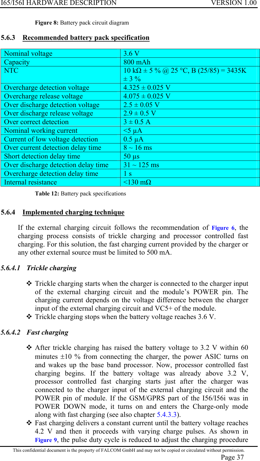 I65/I56I HARDWARE DESCRIPTION VERSION 1.00 Figure 8: Battery pack circuit diagram  5.6.3  Recommended battery pack specification  Nominal voltage   3.6 V Capacity   800 mAh NTC   10 k ± 5 % @ 25 °C, B (25/85) = 3435K ± 3 % Overcharge detection voltage   4.325 ± 0.025 V Overcharge release voltage   4.075 ± 0.025 V Over discharge detection voltage   2.5 ± 0.05 V Over discharge release voltage   2.9 ± 0.5 V Over correct detection   3 ± 0.5 A Nominal working current   &lt;5 µA Current of low voltage detection  0.5 µA Over current detection delay time   8 ~ 16 ms Short detection delay time   50 µs Over discharge detection delay time   31 ~ 125 ms Overcharge detection delay time   1 s Internal resistance   &lt;130 m Table 12: Battery pack specifications 5.6.4  Implemented charging technique  If the external charging circuit follows the recommendation of Figure 6, the charging process consists of trickle charging and processor controlled fast charging. For this solution, the fast charging current provided by the charger or any other external source must be limited to 500 mA. 5.6.4.1 Trickle charging  Trickle charging starts when the charger is connected to the charger input of the external charging circuit and the module’s POWER pin. The charging current depends on the voltage difference between the charger input of the external charging circuit and VC5+ of the module.  Trickle charging stops when the battery voltage reaches 3.6 V. 5.6.4.2 Fast charging  After trickle charging has raised the battery voltage to 3.2 V within 60 minutes  ±10 % from connecting the charger, the power ASIC turns on and wakes up the base band processor. Now, processor controlled fast charging begins. If the battery voltage was already above 3.2 V, processor controlled fast charging starts just after the charger was connected to the charger input of the external charging circuit and the POWER pin of module. If the GSM/GPRS part of the I56/I56i was in POWER DOWN mode, it turns on and enters the Charge-only mode along with fast charging (see also chapter 5.4.3.3).  Fast charging delivers a constant current until the battery voltage reaches 4.2 V and then it proceeds with varying charge pulses. As shown in Figure 9, the pulse duty cycle is reduced to adjust the charging procedure This confidential document is the property of FALCOM GmbH and may not be copied or circulated without permission. Page 37 