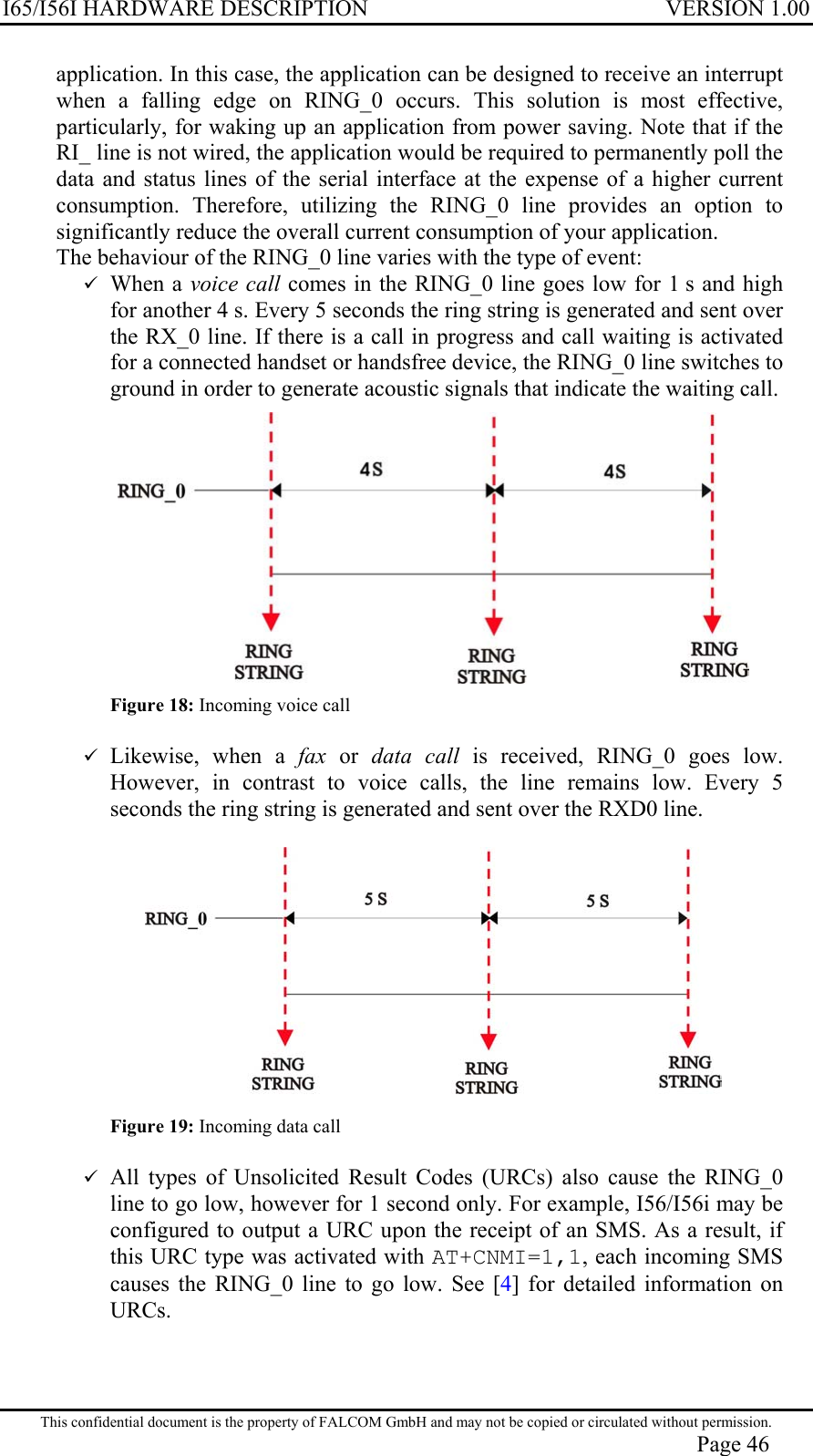 I65/I56I HARDWARE DESCRIPTION VERSION 1.00 application. In this case, the application can be designed to receive an interrupt when a falling edge on RING_0 occurs. This solution is most effective, particularly, for waking up an application from power saving. Note that if the RI_ line is not wired, the application would be required to permanently poll the data and status lines of the serial interface at the expense of a higher current consumption. Therefore, utilizing the RING_0 line provides an option to significantly reduce the overall current consumption of your application. The behaviour of the RING_0 line varies with the type of event:  When a voice call comes in the RING_0 line goes low for 1 s and high for another 4 s. Every 5 seconds the ring string is generated and sent over the RX_0 line. If there is a call in progress and call waiting is activated for a connected handset or handsfree device, the RING_0 line switches to ground in order to generate acoustic signals that indicate the waiting call.  Figure 18: Incoming voice call   Likewise, when a fax  or  data call is received, RING_0 goes low. However, in contrast to voice calls, the line remains low. Every 5 seconds the ring string is generated and sent over the RXD0 line.    Figure 19: Incoming data call   All types of Unsolicited Result Codes (URCs) also cause the RING_0 line to go low, however for 1 second only. For example, I56/I56i may be configured to output a URC upon the receipt of an SMS. As a result, if this URC type was activated with AT+CNMI=1,1, each incoming SMS causes the RING_0 line to go low. See [4] for detailed information on URCs. This confidential document is the property of FALCOM GmbH and may not be copied or circulated without permission. Page 46 