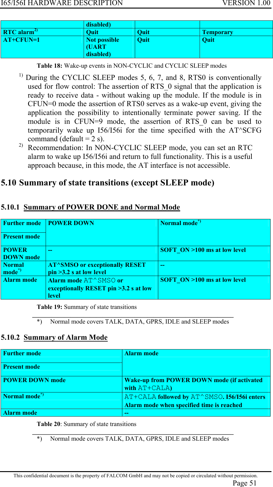 I65/I56I HARDWARE DESCRIPTION VERSION 1.00 disabled) RTC alarm2) Quit  Quit  Temporary AT+CFUN=1  Not possible (UART disabled) Quit  Quit Table 18: Wake-up events in NON-CYCLIC and CYCLIC SLEEP modes  1) During the CYCLIC SLEEP modes 5, 6, 7, and 8, RTS0 is conventionally used for flow control: The assertion of RTS_0 signal that the application is ready to receive data - without waking up the module. If the module is in CFUN=0 mode the assertion of RTS0 serves as a wake-up event, giving the application the possibility to intentionally terminate power saving. If the module is in CFUN=9 mode, the assertion of RTS_0 can be used to temporarily wake up I56/I56i for the time specified with the AT^SCFG command (default = 2 s). 2)  Recommendation: In NON-CYCLIC SLEEP mode, you can set an RTC alarm to wake up I56/I56i and return to full functionality. This is a useful approach because, in this mode, the AT interface is not accessible. 5.10 Summary of state transitions (except SLEEP mode) 5.10.1  Summary of POWER DONE and Normal Mode Further mode Present mode POWER DOWN  Normal mode*) POWER DOWN mode  --  SOFT_ON &gt;100 ms at low level Normal mode*) AT^SMSO or exceptionally RESET pin &gt;3.2 s at low level -- Alarm mode  Alarm mode AT^SMSO or exceptionally RESET pin &gt;3.2 s at low level SOFT_ON &gt;100 ms at low level Table 19: Summary of state transitions _______________________________________________________________ *)   Normal mode covers TALK, DATA, GPRS, IDLE and SLEEP modes 5.10.2  Summary of Alarm Mode Further mode Present mode Alarm mode POWER DOWN mode   Wake-up from POWER DOWN mode (if activated with AT+CALA) Normal mode*) AT+CALA followed by AT^SMSO. I56/I56i enters Alarm mode when specified time is reached Alarm mode  -- Table 20: Summary of state transitions _______________________________________________________________ *)   Normal mode covers TALK, DATA, GPRS, IDLE and SLEEP modes This confidential document is the property of FALCOM GmbH and may not be copied or circulated without permission. Page 51 