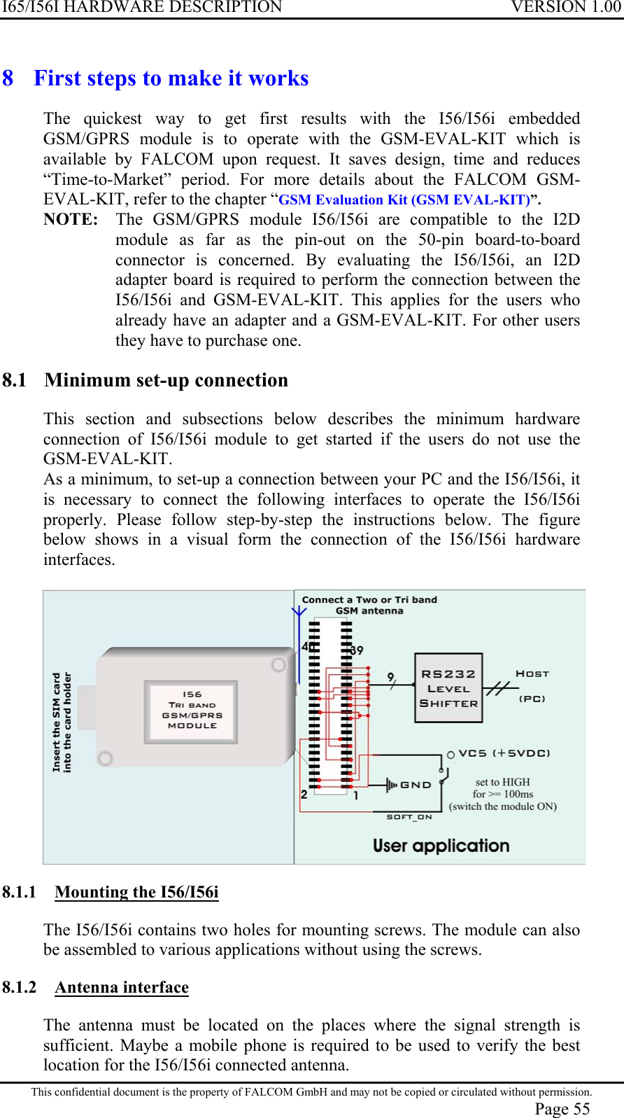 I65/I56I HARDWARE DESCRIPTION VERSION 1.00 8  First steps to make it works The quickest way to get first results with the I56/I56i embedded GSM/GPRS module is to operate with the GSM-EVAL-KIT which is available by FALCOM upon request. It saves design, time and reduces “Time-to-Market” period. For more details about the FALCOM GSM-EVAL-KIT, refer to the chapter “GSM Evaluation Kit (GSM EVAL-KIT)”.  NOTE:   The GSM/GPRS module I56/I56i are compatible to the I2D module as far as the pin-out on the 50-pin board-to-board connector is concerned. By evaluating the I56/I56i, an I2D adapter board is required to perform the connection between the I56/I56i and GSM-EVAL-KIT. This applies for the users who already have an adapter and a GSM-EVAL-KIT. For other users they have to purchase one. 8.1  Minimum set-up connection This section and subsections below describes the minimum hardware connection of I56/I56i module to get started if the users do not use the GSM-EVAL-KIT. As a minimum, to set-up a connection between your PC and the I56/I56i, it is necessary to connect the following interfaces to operate the I56/I56i properly. Please follow step-by-step the instructions below. The figure below shows in a visual form the connection of the I56/I56i hardware interfaces.    8.1.1  Mounting the I56/I56i The I56/I56i contains two holes for mounting screws. The module can also be assembled to various applications without using the screws.  8.1.2 Antenna interface The antenna must be located on the places where the signal strength is sufficient. Maybe a mobile phone is required to be used to verify the best location for the I56/I56i connected antenna.  This confidential document is the property of FALCOM GmbH and may not be copied or circulated without permission. Page 55 