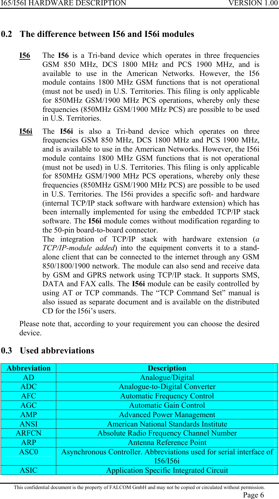 I65/I56I HARDWARE DESCRIPTION VERSION 1.00 0.2  The difference between I56 and I56i modules I56 The I56  is a Tri-band device which operates in three frequencies GSM 850 MHz, DCS 1800 MHz and PCS 1900 MHz, and is available to use in the American Networks. However, the I56 module contains 1800 MHz GSM functions that is not operational (must not be used) in U.S. Territories. This filing is only applicable for 850MHz GSM/1900 MHz PCS operations, whereby only these frequencies (850MHz GSM/1900 MHz PCS) are possible to be used in U.S. Territories. I56i The  I56i  is also a Tri-band device which operates on three frequencies GSM 850 MHz, DCS 1800 MHz and PCS 1900 MHz, and is available to use in the American Networks. However, the I56i module contains 1800 MHz GSM functions that is not operational (must not be used) in U.S. Territories. This filing is only applicable for 850MHz GSM/1900 MHz PCS operations, whereby only these frequencies (850MHz GSM/1900 MHz PCS) are possible to be used in U.S. Territories. The I56i provides a specific soft- and hardware (internal TCP/IP stack software with hardware extension) which has been internally implemented for using the embedded TCP/IP stack software. The I56i module comes without modification regarding to the 50-pin board-to-board connector. The integration of TCP/IP stack with hardware extension (a  TCP/IP-module added) into the equipment converts it to a stand-alone client that can be connected to the internet through any GSM 850/1800/1900 network. The module can also send and receive data by GSM and GPRS network using TCP/IP stack. It supports SMS, DATA and FAX calls. The I56i module can be easily controlled by using AT or TCP commands. The “TCP Command Set” manual is also issued as separate document and is available on the distributed CD for the I56i’s users. Please note that, according to your requirement you can choose the desired device. 0.3 Used abbreviations Abbreviation Description AD   Analogue/Digital ADC   Analogue-to-Digital Converter AFC   Automatic Frequency Control AGC   Automatic Gain Control AMP  Advanced Power Management ANSI   American National Standards Institute ARFCN   Absolute Radio Frequency Channel Number ARP   Antenna Reference Point ASC0   Asynchronous Controller. Abbreviations used for serial interface of I56/I56i  ASIC   Application Specific Integrated Circuit This confidential document is the property of FALCOM GmbH and may not be copied or circulated without permission. Page 6 