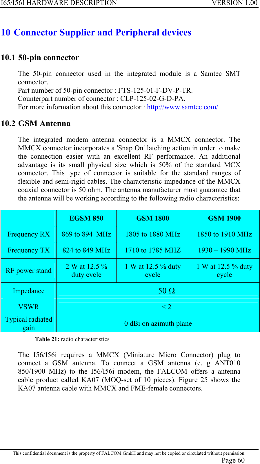 I65/I56I HARDWARE DESCRIPTION VERSION 1.00 10 Connector Supplier and Peripheral devices 10.1 50-pin connector The 50-pin connector used in the integrated module is a Samtec SMT connector.  Part number of 50-pin connector : FTS-125-01-F-DV-P-TR. Counterpart number of connector : CLP-125-02-G-D-PA. For more information about this connector : http://www.samtec.com/ 10.2 GSM Antenna The integrated modem antenna connector is a MMCX connector. The MMCX connector incorporates a &apos;Snap On&apos; latching action in order to make the connection easier with an excellent RF performance. An additional advantage is its small physical size which is 50% of the standard MCX connector. This type of connector is suitable for the standard ranges of flexible and semi-rigid cables. The characteristic impedance of the MMCX coaxial connector is 50 ohm. The antenna manufacturer must guarantee that the antenna will be working according to the following radio characteristics:   EGSM 850 GSM 1800 GSM 1900 Frequency RX  869 to 894  MHz  1805 to 1880 MHz  1850 to 1910 MHz Frequency TX  824 to 849 MHz  1710 to 1785 MHZ  1930 – 1990 MHz RF power stand  2 W at 12.5 % duty cycle 1 W at 12.5 % duty cycle 1 W at 12.5 % duty cycle Impedance  50  VSWR  &lt; 2 Typical radiated gain  0 dBi on azimuth plane Table 21: radio characteristics  The I56/I56i requires a MMCX (Miniature Micro Connector) plug to connect a GSM antenna. To connect a GSM antenna (e. g ANT010 850/1900 MHz) to the I56/I56i modem, the FALCOM offers a antenna cable product called KA07 (MOQ-set of 10 pieces). Figure 25 shows the KA07 antenna cable with MMCX and FME-female connectors.  This confidential document is the property of FALCOM GmbH and may not be copied or circulated without permission. Page 60 