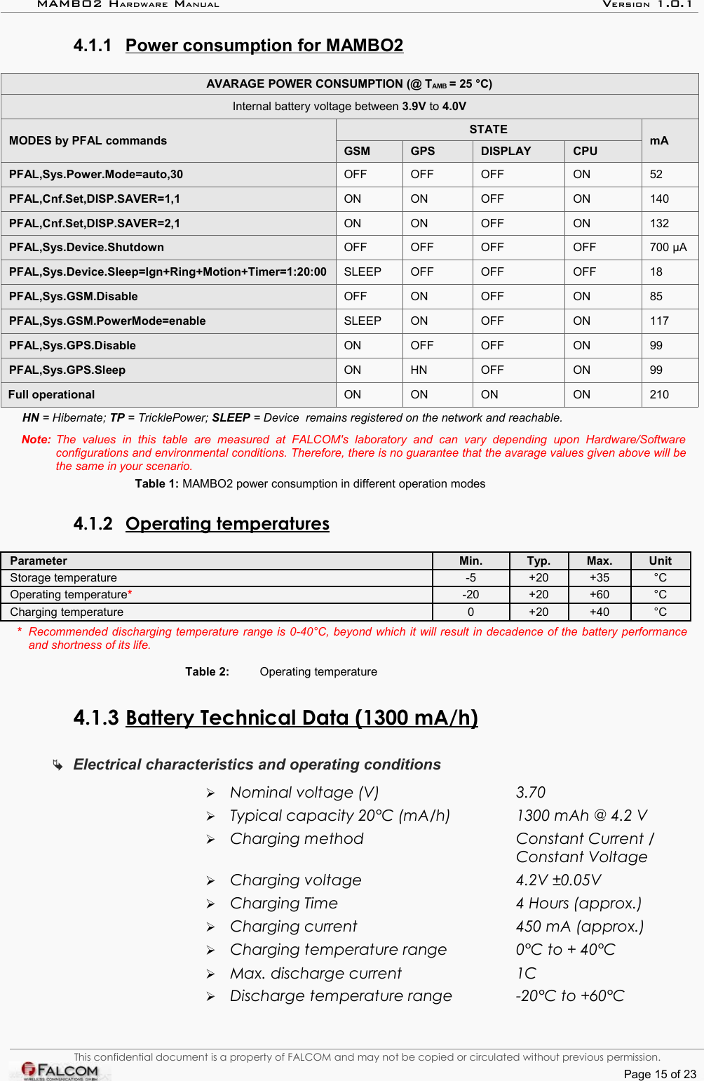 MAMBO2 HARDWARE MANUAL VERSION 1.0.14.1.1 Power consumption for MAMBO2   AVARAGE POWER CONSUMPTION (@ TAMB = 25 °C)Internal battery voltage between 3.9V to 4.0VMODES by PFAL commands STATE mAGSM GPS DISPLAY CPUPFAL,Sys.Power.Mode=auto,30 OFF OFF OFF ON 52PFAL,Cnf.Set,DISP.SAVER=1,1 ON ON OFF ON 140PFAL,Cnf.Set,DISP.SAVER=2,1 ON ON OFF ON 132PFAL,Sys.Device.Shutdown OFF OFF OFF OFF 700 µAPFAL,Sys.Device.Sleep=Ign+Ring+Motion+Timer=1:20:00 SLEEP OFF OFF OFF 18PFAL,Sys.GSM.Disable OFF ON OFF ON 85PFAL,Sys.GSM.PowerMode=enable SLEEP ON OFF ON 117PFAL,Sys.GPS.Disable ON OFF OFF ON 99PFAL,Sys.GPS.Sleep ON HN OFF ON 99 Full operational ON ON ON ON 210HN = Hibernate; TP = TricklePower; SLEEP = Device  remains registered on the network and reachable.Note:  The   values   in  this   table   are   measured   at   FALCOM&apos;s   laboratory   and   can   vary   depending   upon  Hardware/Software  configurations and environmental conditions. Therefore, there is no guarantee that the avarage values given above will be the same in your scenario.Table 1: MAMBO2 power consumption in different operation modes4.1.2 Operating temperatures   Parameter Min. Typ. Max. UnitStorage temperature -5 +20 +35 °COperating temperature*-20 +20 +60 °CCharging temperature 0 +20 +40 °C*  Recommended discharging temperature range is 0-40°C, beyond which it will result in decadence of the battery performance and shortness of its life.Table 2: Operating temperature4.1.3 Battery Technical Data (1300 mA/h)   Electrical characteristics and operating conditions➢Nominal voltage (V)  3.70 ➢Typical capacity 20°C (mA/h)  1300 mAh @ 4.2 V➢Charging method  Constant Current /Constant Voltage➢Charging voltage  4.2V ±0.05V➢Charging Time 4 Hours (approx.)➢Charging current  450 mA (approx.)➢Charging temperature range  0°C to + 40°C➢Max. discharge current  1C➢Discharge temperature range -20°C to +60°C This confidential document is a property of FALCOM and may not be copied or circulated without previous permission.Page 15 of 23