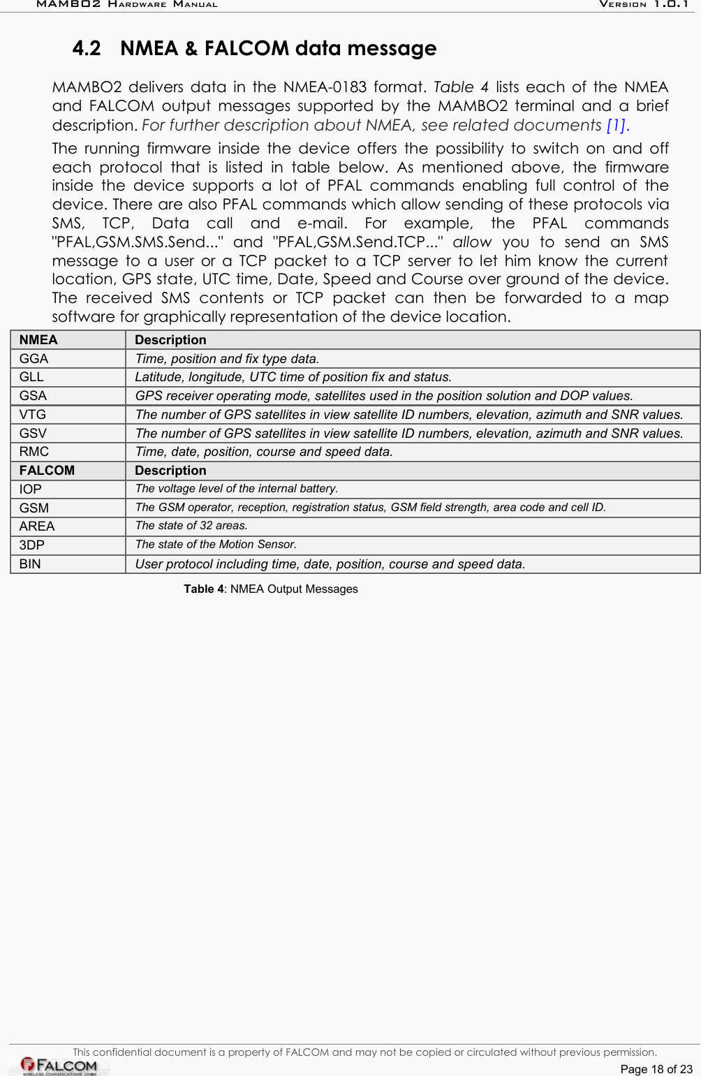 MAMBO2 HARDWARE MANUAL VERSION 1.0.14.2 NMEA &amp; FALCOM data messageMAMBO2 delivers data in the NMEA-0183 format.  Table 4  lists each of the NMEA and FALCOM output messages supported by the MAMBO2 terminal and a brief description. For further description about NMEA, see related documents [1].The running firmware inside the device offers the possibility to switch on and off each  protocol   that   is   listed   in   table  below.   As   mentioned  above,  the   firmware inside the  device   supports a lot  of PFAL commands   enabling full  control  of the device. There are also PFAL commands which allow sending of these protocols via SMS,   TCP,   Data   call   and   e-mail.   For   example,   the   PFAL   commands &quot;PFAL,GSM.SMS.Send...&quot;  and   &quot;PFAL,GSM.Send.TCP...&quot;  allow  you   to   send   an   SMS message to a user or a TCP packet to a TCP server to let him know the current location, GPS state, UTC time, Date, Speed and Course over ground of the device. The   received   SMS   contents   or   TCP   packet   can   then   be   forwarded   to   a   map software for graphically representation of the device location.NMEA DescriptionGGA Time, position and fix type data.GLL Latitude, longitude, UTC time of position fix and status.GSA GPS receiver operating mode, satellites used in the position solution and DOP values.VTG The number of GPS satellites in view satellite ID numbers, elevation, azimuth and SNR values.GSV The number of GPS satellites in view satellite ID numbers, elevation, azimuth and SNR values.RMC Time, date, position, course and speed data.FALCOM DescriptionIOP The voltage level of the internal battery.GSM The GSM operator, reception, registration status, GSM field strength, area code and cell ID.AREA The state of 32 areas.3DP The state of the Motion Sensor.BIN User protocol including time, date, position, course and speed data.Table 4: NMEA Output MessagesThis confidential document is a property of FALCOM and may not be copied or circulated without previous permission.Page 18 of 23