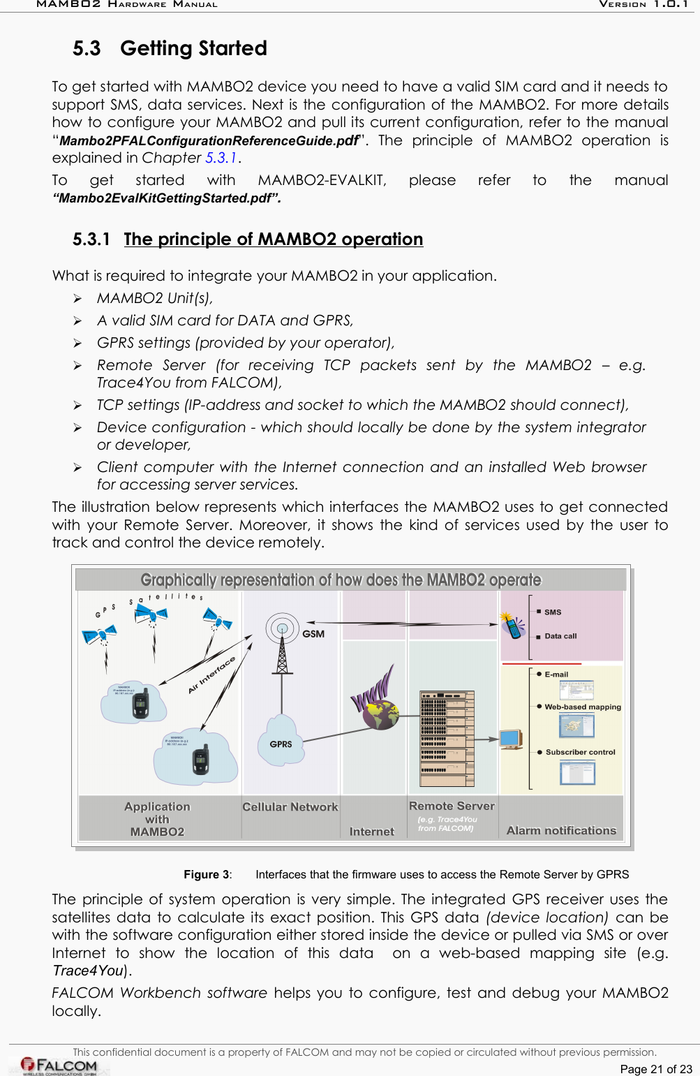 MAMBO2 HARDWARE MANUAL VERSION 1.0.15.3 Getting Started To get started with MAMBO2 device you need to have a valid SIM card and it needs to support SMS, data services. Next is the configuration of the MAMBO2. For more details how to configure your MAMBO2 and pull its current configuration, refer to the manual “Mambo2PFALConfigurationReferenceGuide.pdf”.   The   principle   of   MAMBO2   operation   is explained in Chapter 5.3.1.To   get   started   with   MAMBO2-EVALKIT,   please   refer   to   the   manual “Mambo2EvalKitGettingStarted.pdf”.5.3.1 The principle of MAMBO2 operation   What is required to integrate your MAMBO2 in your application.➢MAMBO2 Unit(s),➢A valid SIM card for DATA and GPRS,➢GPRS settings (provided by your operator),➢Remote   Server   (for   receiving   TCP   packets   sent   by   the   MAMBO2   –   e.g.  Trace4You from FALCOM), ➢TCP settings (IP-address and socket to which the MAMBO2 should connect),➢Device configuration - which should locally be done by the system integrator  or developer,➢Client  computer with the Internet connection and an installed Web browser for accessing server services.The illustration below represents which interfaces the MAMBO2 uses to get connected with your Remote Server. Moreover, it shows the kind of services used by the user to track and control the device remotely.Figure 3: Interfaces that the firmware uses to access the Remote Server by GPRSThe principle of system operation is very simple. The integrated GPS receiver uses the satellites data to calculate its exact position. This GPS data  (device location)  can be with the software configuration either stored inside the device or pulled via SMS or over Internet   to   show   the   location   of   this   data     on   a   web-based   mapping   site   (e.g. Trace4You).FALCOM Workbench software  helps you to configure, test and debug your MAMBO2 locally.This confidential document is a property of FALCOM and may not be copied or circulated without previous permission.Page 21 of 23