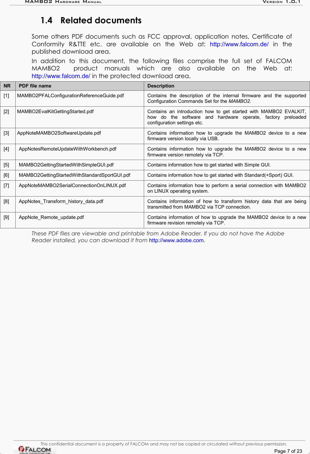 MAMBO2 HARDWARE MANUAL VERSION 1.0.11.4 Related documentsSome others PDF documents such as FCC approval, application notes, Certificate of Conformity   R&amp;TTE   etc.   are   available   on   the   Web   at:  http://www.falcom.de/  in   the published download area.In   addition   to   this   document,   the   following   files   comprise   the   full   set   of   FALCOM MAMBO2     product   manuals   which   are   also   available   on   the   Web   at: http://www.falcom.de/ in the protected download area.NR PDF file name Description[1] MAMBO2PFALConfigurationReferenceGuide.pdf Contains  the   description   of   the   internal   firmware  and   the   supported Configuration Commands Set for the MAMBO2.[2] MAMBO2EvalKitGettingStarted.pdf Contains   an  introduction  how to  get  started  with  MAMBO2  EVALKIT, how   do   the   software   and   hardware   operate,   factory   preloaded configuration settings etc.[3] AppNoteMAMBO2SoftwareUpdate.pdf Contains   information   how   to  upgrade   the   MAMBO2   device   to   a   new firmware version locally via USB.[4] AppNotesRemoteUpdateWithWorkbench.pdf Contains   information   how   to  upgrade   the   MAMBO2   device   to   a   new firmware version remotely via TCP.[5] MAMBO2GettingStartedWithSimpleGUI.pdf Contains information how to get started with Simple GUI.[6] MAMBO2GettingStartedWithStandardSportGUI.pdf Contains information how to get started with Standard(+Sport) GUI.[7] AppNoteMAMBO2SerialConnectionOnLINUX.pdf Contains information how to perform a serial connection with MAMBO2 on LINUX operating system.[8] AppNotes_Transform_history_data.pdf Contains   information   of   how  to   transform   history  data   that  are   being transmitted from MAMBO2 via TCP connection.[9] AppNote_Remote_update.pdf Contains information of how to upgrade the MAMBO2 device to a new firmware revision remotely via TCP.These PDF files are viewable and printable from Adobe Reader. If you do not have the Adobe Reader installed, you can download it from http://www.adobe.com.This confidential document is a property of FALCOM and may not be copied or circulated without previous permission.Page 7 of 23