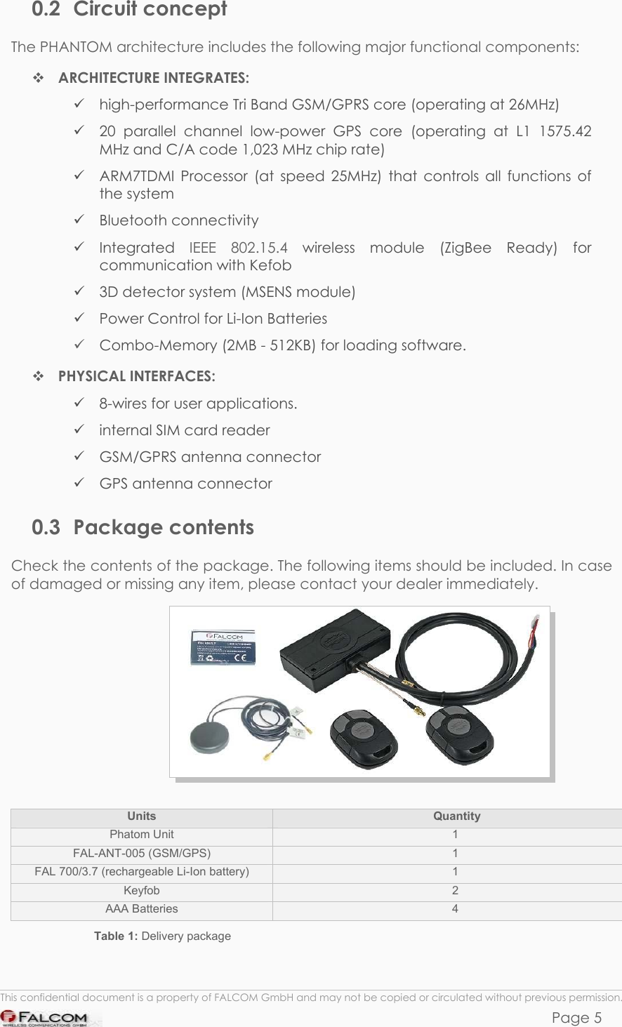 PHANTOM HARDWARE DESCRIPTION  VERSION 0.01 0.2 Circuit concept The PHANTOM architecture includes the following major functional components:  ARCHITECTURE INTEGRATES:  high-performance Tri Band GSM/GPRS core (operating at 26MHz)  20 parallel channel low-power GPS core (operating at L1 1575.42 MHz and C/A code 1,023 MHz chip rate)  ARM7TDMI Processor (at speed 25MHz) that controls all functions of the system  Bluetooth connectivity   Integrated  IEEE 802.15.4 wireless module (ZigBee Ready) for communication with Kefob  3D detector system (MSENS module)  Power Control for Li-Ion Batteries  Combo-Memory (2MB - 512KB) for loading software.  PHYSICAL INTERFACES:  8-wires for user applications.   internal SIM card reader  GSM/GPRS antenna connector   GPS antenna connector 0.3 Package contents Check the contents of the package. The following items should be included. In case of damaged or missing any item, please contact your dealer immediately.    Units   Quantity Phatom Unit  1 FAL-ANT-005 (GSM/GPS)  1 FAL 700/3.7 (rechargeable Li-Ion battery)  1 Keyfob  2 AAA Batteries  4 Table 1: Delivery package  This confidential document is a property of FALCOM GmbH and may not be copied or circulated without previous permission. Page 5 