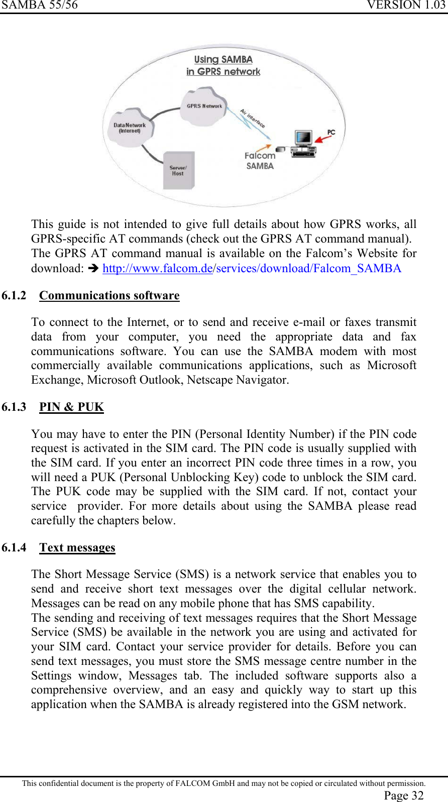 SAMBA 55/56  VERSION 1.03   This guide is not intended to give full details about how GPRS works, all GPRS-specific AT commands (check out the GPRS AT command manual). The GPRS AT command manual is available on the Falcom’s Website for download:  http://www.falcom.de/services/download/Falcom_SAMBA 6.1.2 Communications software To connect to the Internet, or to send and receive e-mail or faxes transmit data from your computer, you need the appropriate data and fax communications software. You can use the SAMBA modem with most commercially available communications applications, such as Microsoft Exchange, Microsoft Outlook, Netscape Navigator. 6.1.3  PIN &amp; PUK You may have to enter the PIN (Personal Identity Number) if the PIN code request is activated in the SIM card. The PIN code is usually supplied with the SIM card. If you enter an incorrect PIN code three times in a row, you will need a PUK (Personal Unblocking Key) code to unblock the SIM card. The PUK code may be supplied with the SIM card. If not, contact your service  provider. For more details about using the SAMBA please read carefully the chapters below. 6.1.4 Text messages The Short Message Service (SMS) is a network service that enables you to send and receive short text messages over the digital cellular network. Messages can be read on any mobile phone that has SMS capability. The sending and receiving of text messages requires that the Short Message Service (SMS) be available in the network you are using and activated for your SIM card. Contact your service provider for details. Before you can send text messages, you must store the SMS message centre number in the Settings window, Messages tab. The included software supports also a  comprehensive overview, and an easy and quickly way to start up this  application when the SAMBA is already registered into the GSM network. This confidential document is the property of FALCOM GmbH and may not be copied or circulated without permission. Page 32 