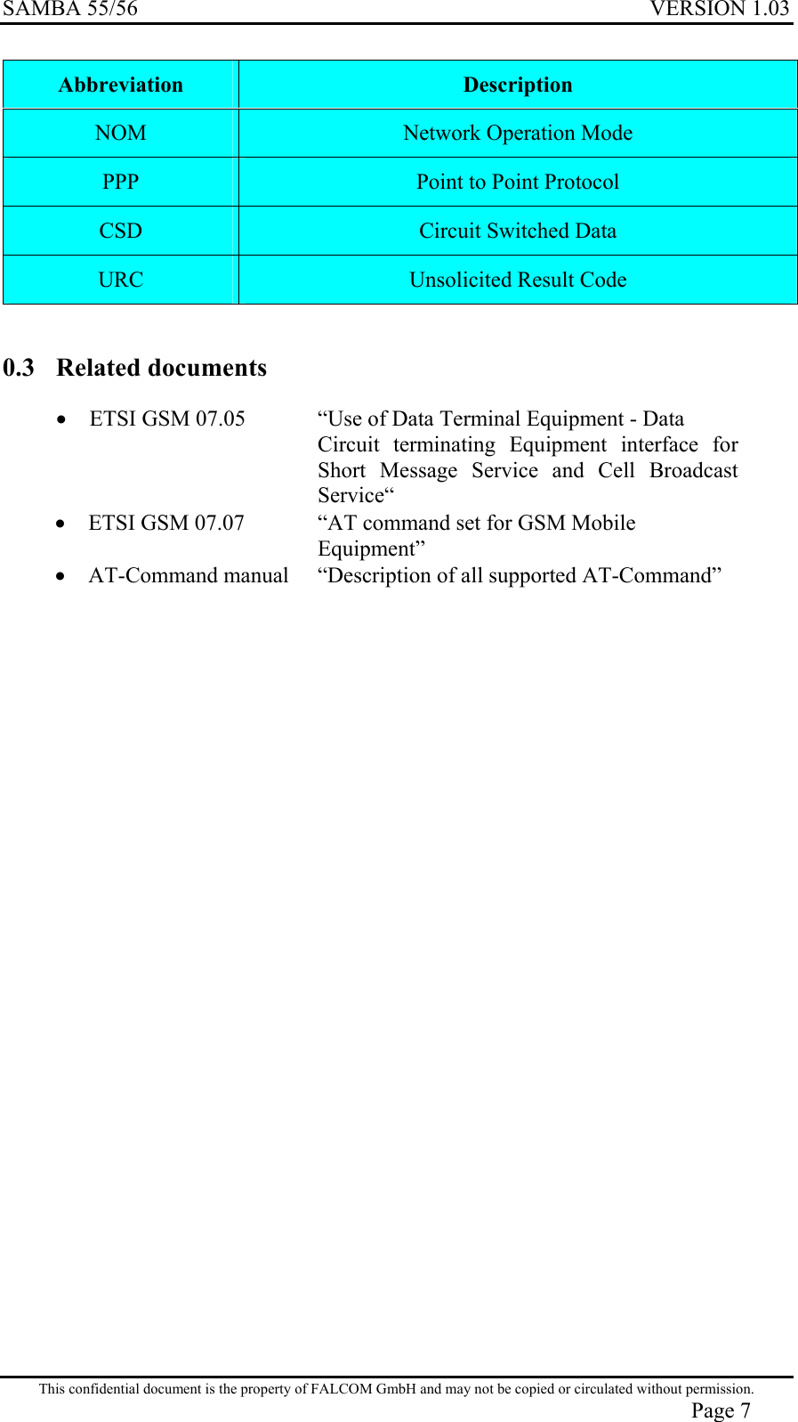 SAMBA 55/56  VERSION 1.03  Abbreviation  Description NOM  Network Operation Mode   PPP  Point to Point Protocol CSD  Circuit Switched Data URC  Unsolicited Result Code  0.3 Related documents •  ETSI GSM 07.05  “Use of Data Terminal Equipment - Data  Circuit terminating Equipment interface for Short Message Service and Cell Broadcast Service“ •  ETSI GSM 07.07  “AT command set for GSM Mobile   Equipment” •  AT-Command manual   “Description of all supported AT-Command”    This confidential document is the property of FALCOM GmbH and may not be copied or circulated without permission. Page 7 