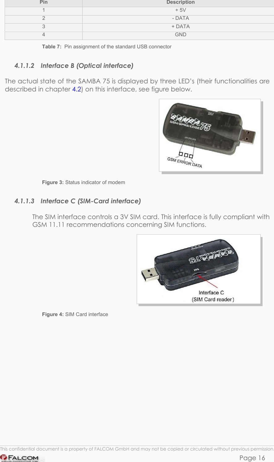 SAMBA 75 USER’S GUIDE  VERSION 1.01 Pin  Description 1  + 5V 2  - DATA 3  + DATA 4  GND Table 7:  Pin assignment of the standard USB connector 4.1.1.2  Interface B (Optical interface) The actual state of the SAMBA 75 is displayed by three LED’s (their functionalities are described in chapter 4.2) on this interface, see figure below.  Figure 3: Status indicator of modem 4.1.1.3  Interface C (SIM-Card interface) The SIM interface controls a 3V SIM card. This interface is fully compliant with GSM 11.11 recommendations concerning SIM functions.  Figure 4: SIM Card interface  This confidential document is a property of FALCOM GmbH and may not be copied or circulated without previous permission. Page 16 