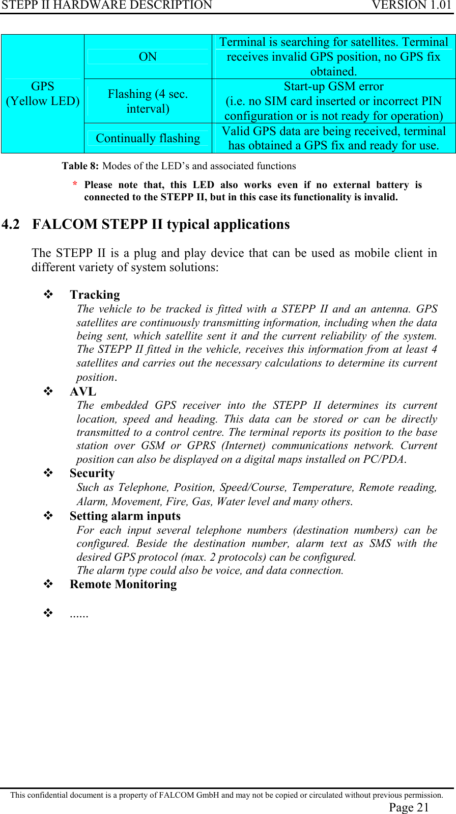 STEPP II HARDWARE DESCRIPTION VERSION 1.01 ON Terminal is searching for satellites. Terminal receives invalid GPS position, no GPS fix obtained. Flashing (4 sec. interval) Start-up GSM error  (i.e. no SIM card inserted or incorrect PIN configuration or is not ready for operation) GPS  (Yellow LED) Continually flashing  Valid GPS data are being received, terminal has obtained a GPS fix and ready for use. Table 8: Modes of the LED’s and associated functions     *  Please note that, this LED also works even if no external battery is   connected to the STEPP II, but in this case its functionality is invalid. 4.2  FALCOM STEPP II typical applications The STEPP II is a plug and play device that can be used as mobile client in different variety of system solutions:   Tracking  The vehicle to be tracked is fitted with a STEPP II and an antenna. GPS satellites are continuously transmitting information, including when the data being sent, which satellite sent it and the current reliability of the system. The STEPP II fitted in the vehicle, receives this information from at least 4 satellites and carries out the necessary calculations to determine its current position.   AVL  The embedded GPS receiver into the STEPP II determines its current location, speed and heading. This data can be stored or can be directly transmitted to a control centre. The terminal reports its position to the base station over GSM or GPRS (Internet) communications network. Current position can also be displayed on a digital maps installed on PC/PDA.   Security  Such as Telephone, Position, Speed/Course, Temperature, Remote reading, Alarm, Movement, Fire, Gas, Water level and many others.   Setting alarm inputs  For each input several telephone numbers (destination numbers) can be configured. Beside the destination number, alarm text as SMS with the desired GPS protocol (max. 2 protocols) can be configured. The alarm type could also be voice, and data connection.   Remote Monitoring    ......  This confidential document is a property of FALCOM GmbH and may not be copied or circulated without previous permission. Page 21 