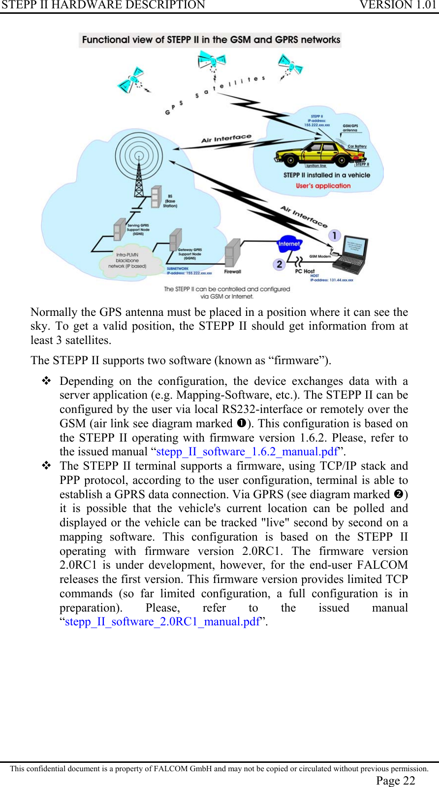 STEPP II HARDWARE DESCRIPTION VERSION 1.01  Normally the GPS antenna must be placed in a position where it can see the sky. To get a valid position, the STEPP II should get information from at least 3 satellites.  The STEPP II supports two software (known as “firmware”).  Depending on the configuration, the device exchanges data with a server application (e.g. Mapping-Software, etc.). The STEPP II can be configured by the user via local RS232-interface or remotely over the GSM (air link see diagram marked ). This configuration is based on the STEPP II operating with firmware version 1.6.2. Please, refer to the issued manual “stepp_II_software_1.6.2_manual.pdf”.  The STEPP II terminal supports a firmware, using TCP/IP stack and PPP protocol, according to the user configuration, terminal is able to establish a GPRS data connection. Via GPRS (see diagram marked ) it is possible that the vehicle&apos;s current location can be polled and displayed or the vehicle can be tracked &quot;live&quot; second by second on a mapping software. This configuration is based on the STEPP II operating with firmware version 2.0RC1. The firmware version 2.0RC1 is under development, however, for the end-user FALCOM releases the first version. This firmware version provides limited TCP commands (so far limited configuration, a full configuration is in preparation). Please, refer to the issued manual “stepp_II_software_2.0RC1_manual.pdf”.   This confidential document is a property of FALCOM GmbH and may not be copied or circulated without previous permission. Page 22 